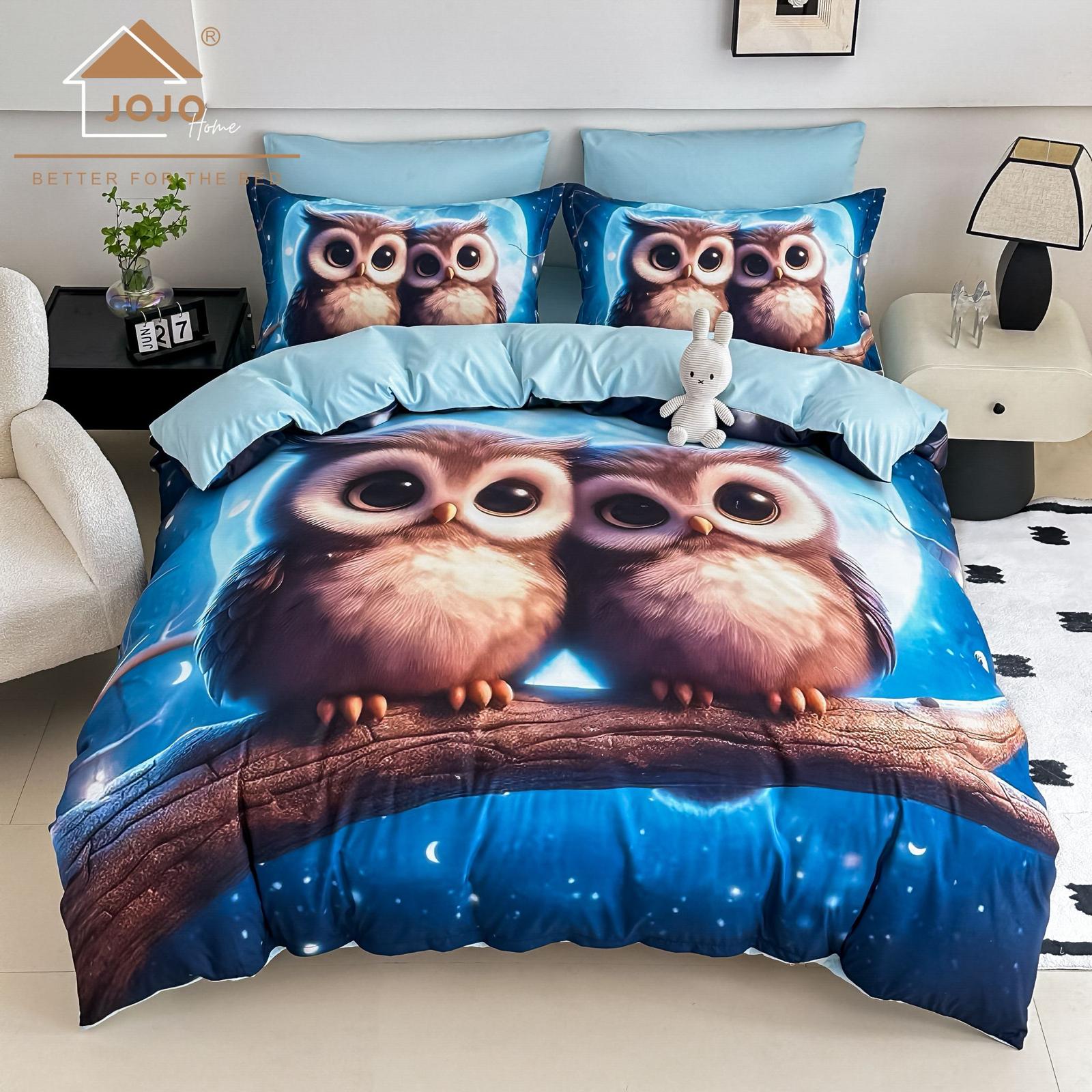 Lenjerie pat dublu, 6 PIESE, 5D, Bumbac Finet, Bufnite, Bleu/Albastru, J1237