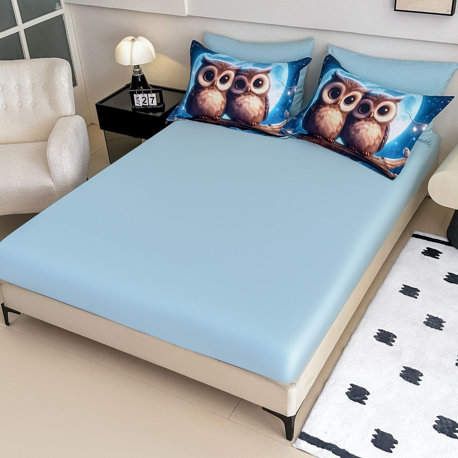 Lenjerie pat dublu, 6 PIESE, 5D, Bumbac Finet, Bufnite, Bleu/Albastru, J1237