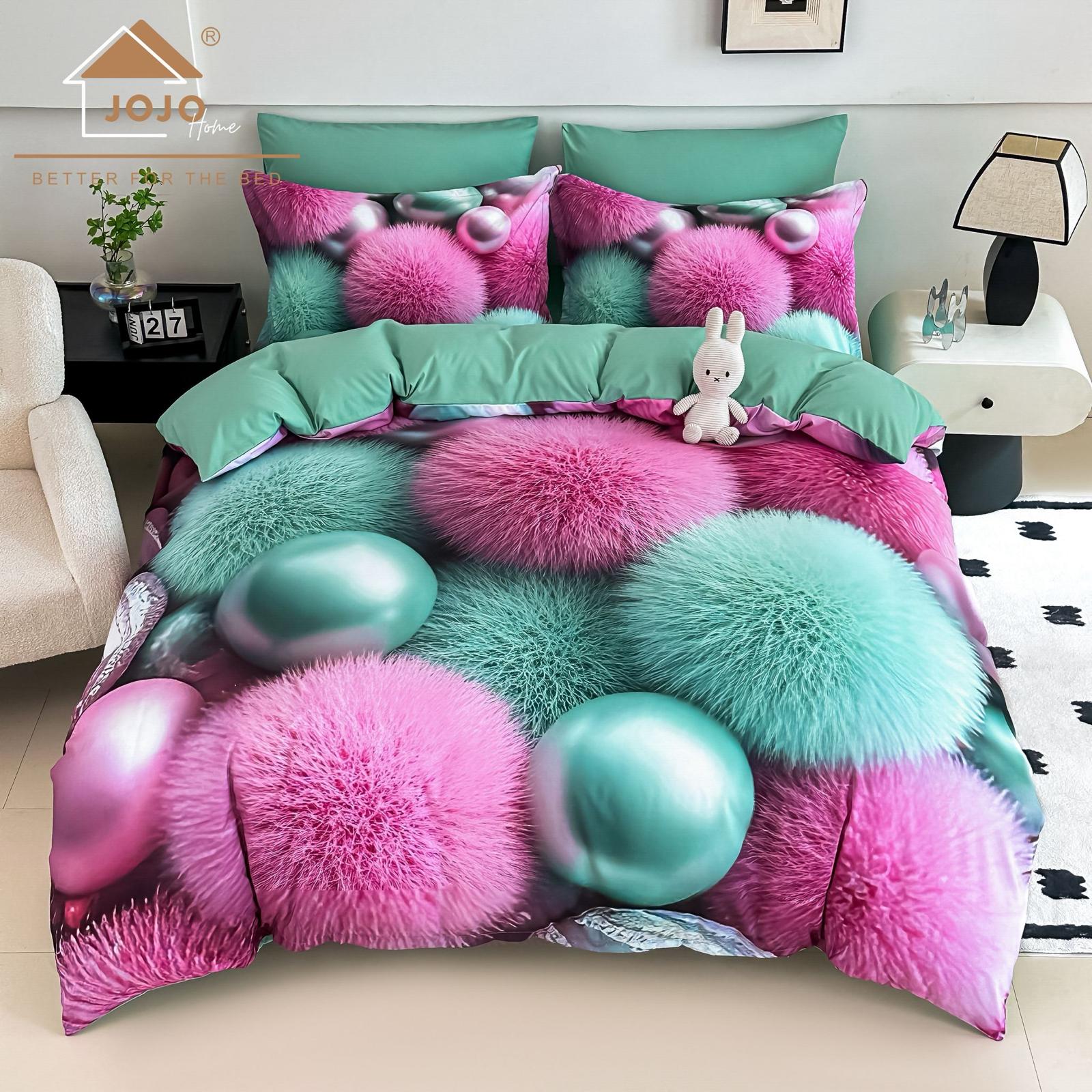 Lenjerie pat dublu, 6 PIESE, 5D, Bumbac Finet, Perle Si Puf, Multicolor, J1238