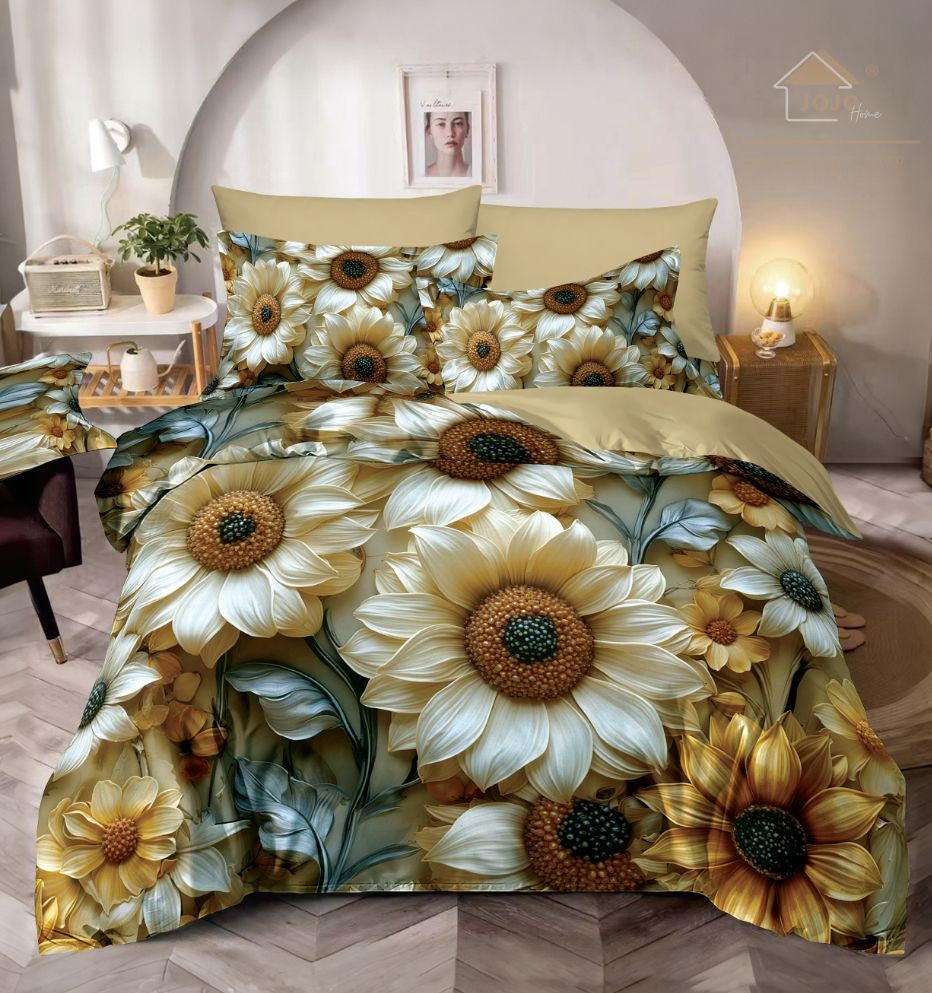 Lenjerie pat dublu, 6 PIESE, 5D, Bumbac Finet, Floricele, Multicolor, J1267