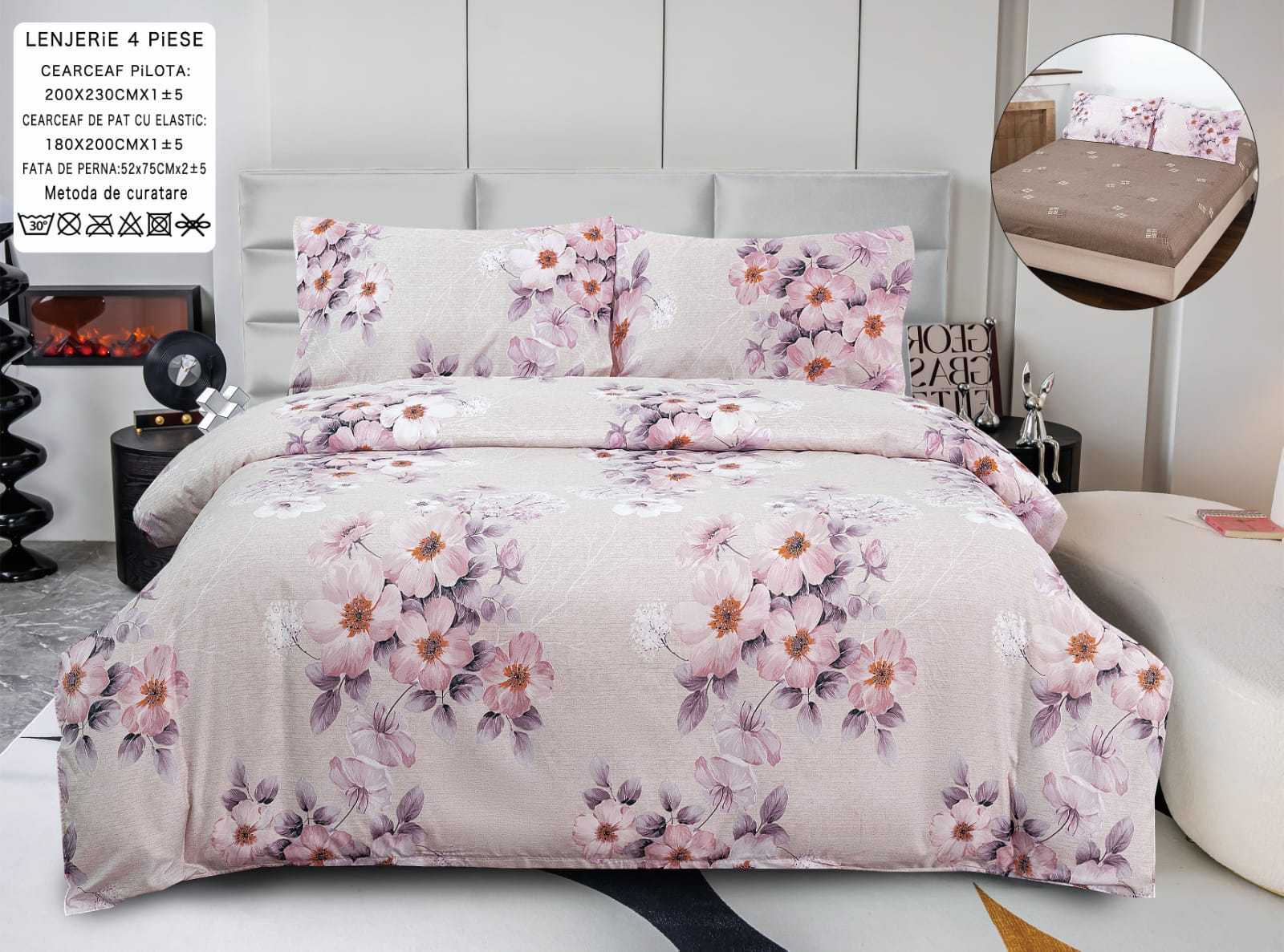 Pachet Promotional, Lenjerie Pat Dublu, 4 Piese, Bumbac Satinat, Flori, Roz/Maro, PT24106-Elastic