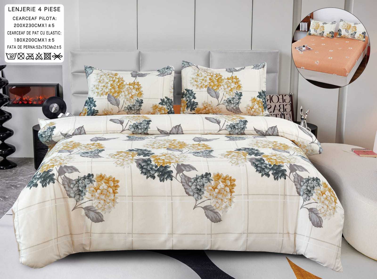 Pachet Promotional, Lenjerie Pat Dublu, 4 Piese, Bumbac Satinat, Flori, Multicolor, PT24104-Elastic