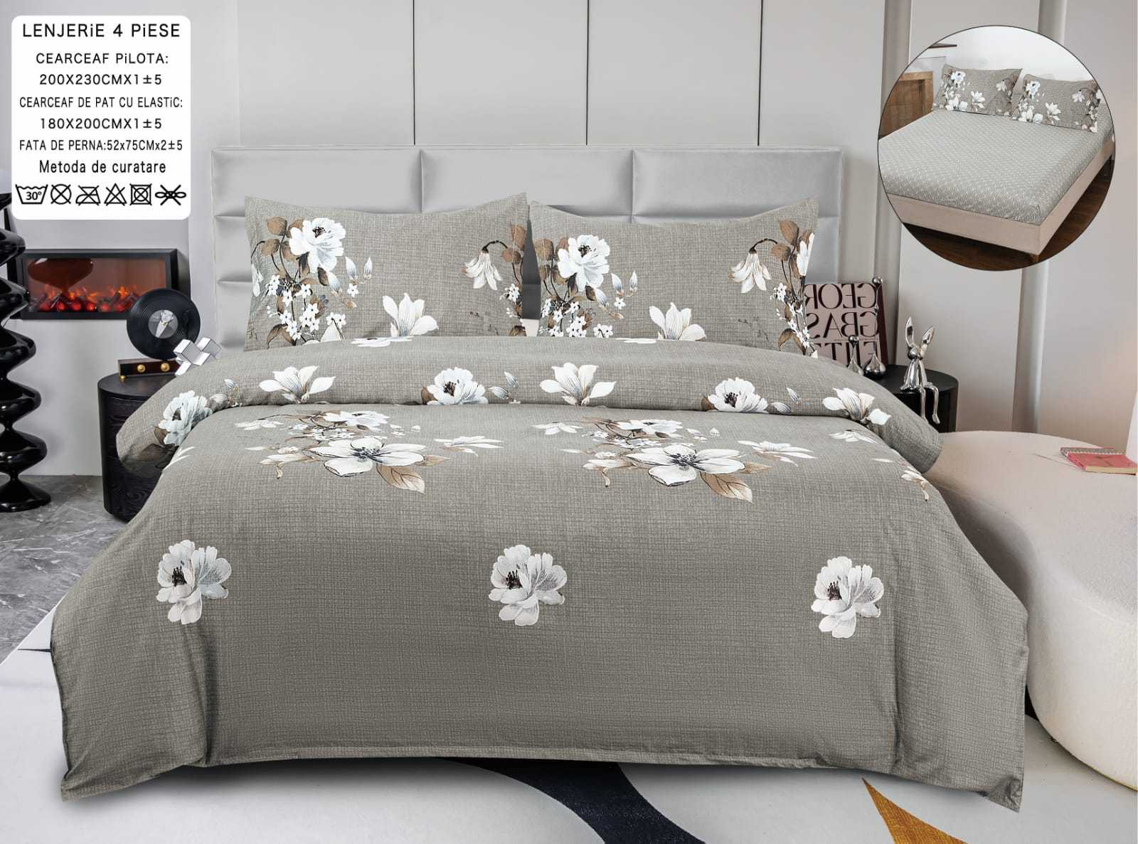 Lenjerie Pat Dublu, 4 Piese, Bumbac Satinat, Flori, Gri, PT24036