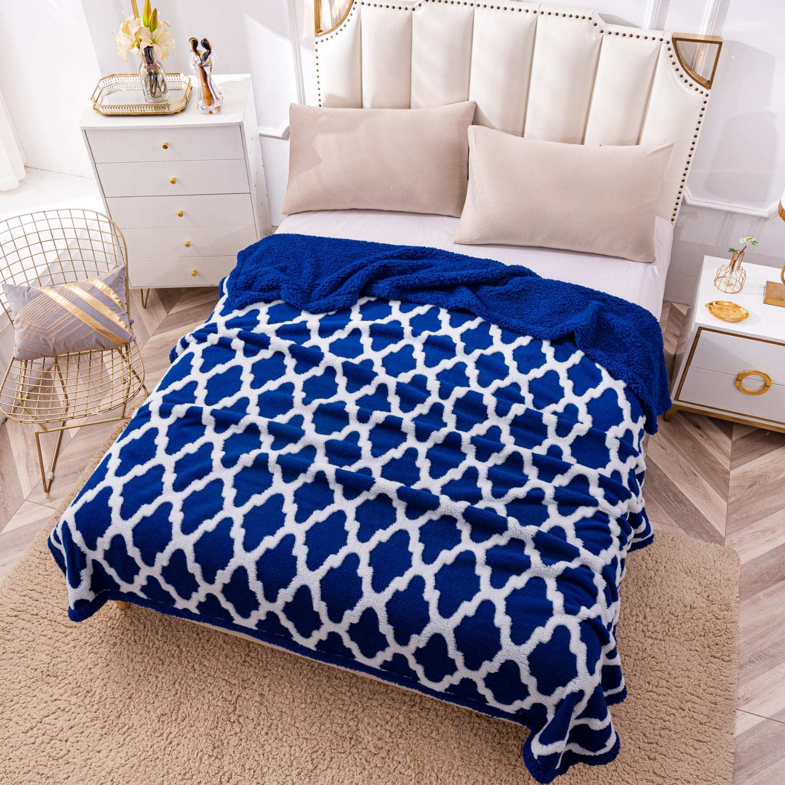 Patura Cocolino Cu Blanita, 200×230 cm, Modern, Bleumarin-Alb, PT24016
