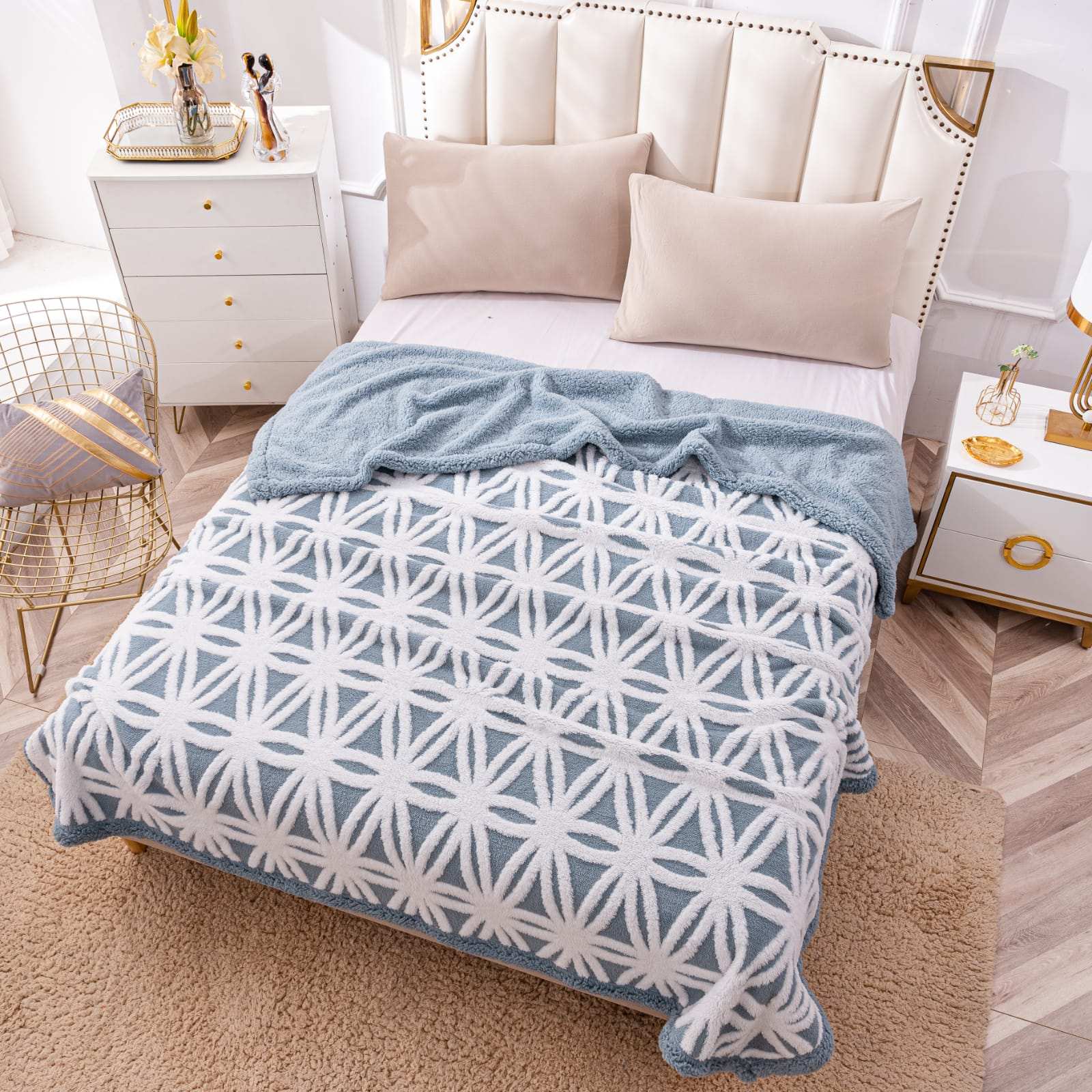 Patura Cocolino Cu Blanita, 200×230 cm, Modern, Bleu-Alb, PT24014