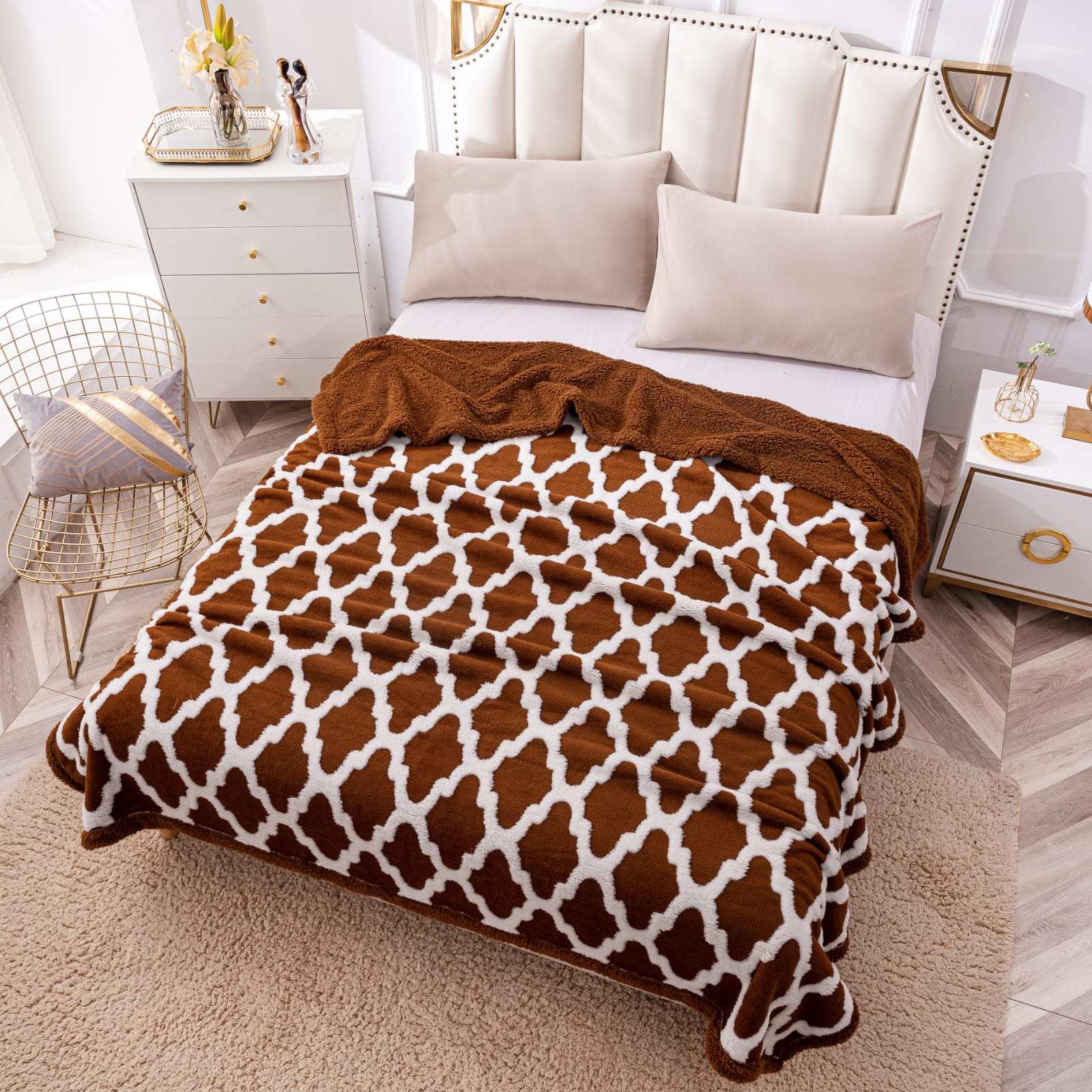 Patura Cocolino Cu Blanita, 200×230 cm, Modern, Maro-Alb, PT24017