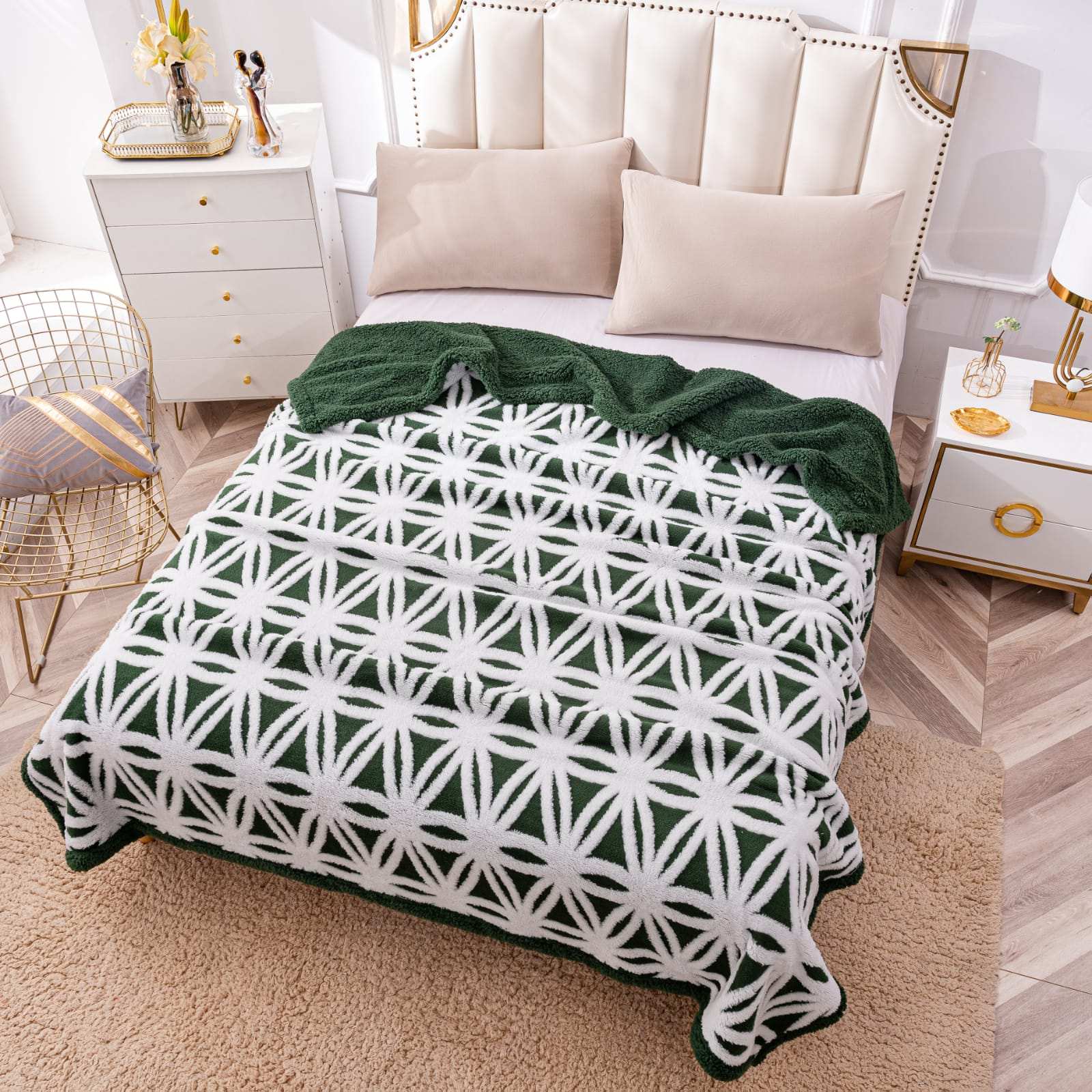 Patura Cocolino Cu Blanita, 200×230 cm, Modern, Verde-Alb, PT24021