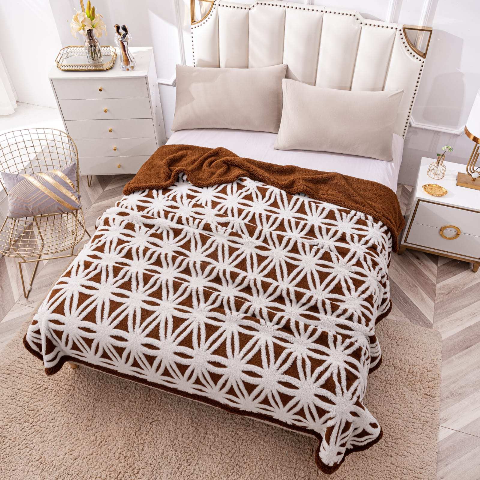 Patura Cocolino Cu Blanita, 200×230 cm, Modern, Maro-Alb, PT24022