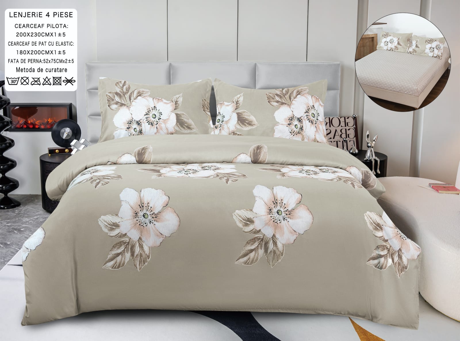 Pachet Promotional, Lenjerie Pat Dublu, 4 Piese, Bumbac Satinat, Flori, Crem, PT24107-Elastic