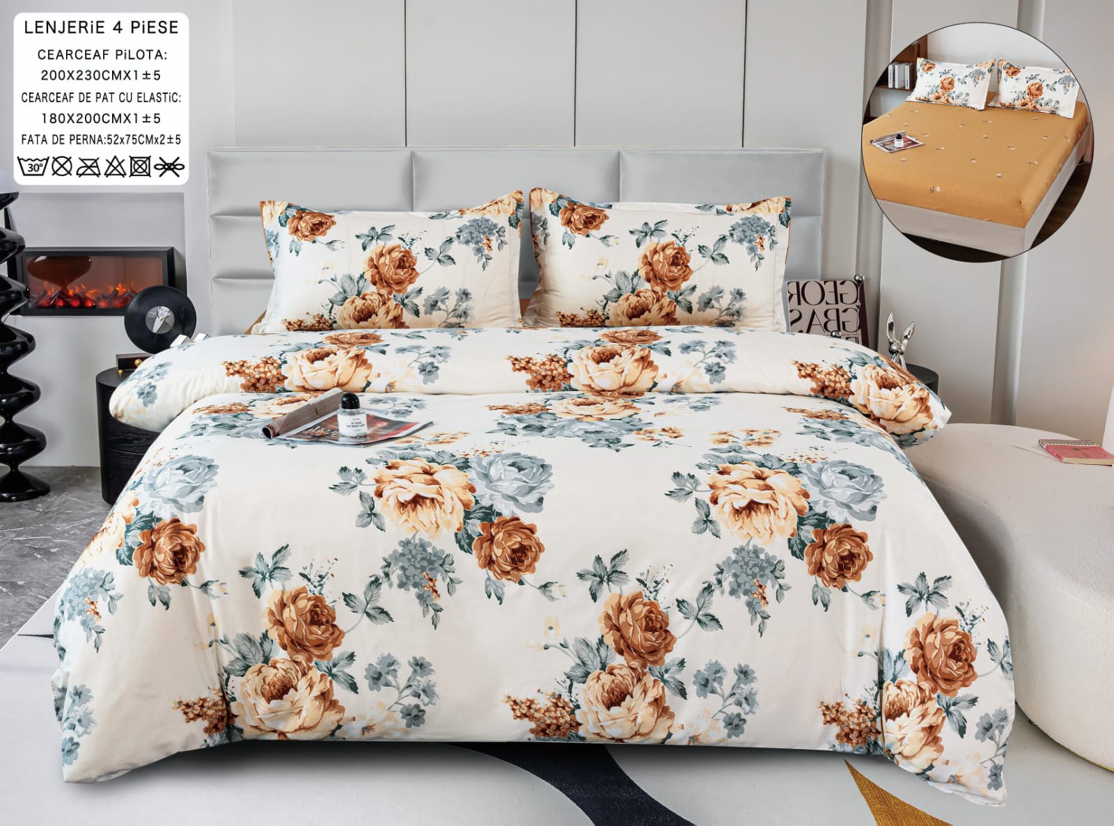 Pachet Promotional, Lenjerie Pat Dublu, 4 Piese, Bumbac Satinat, Flori, Crem/Maro, PT24100-Elastic