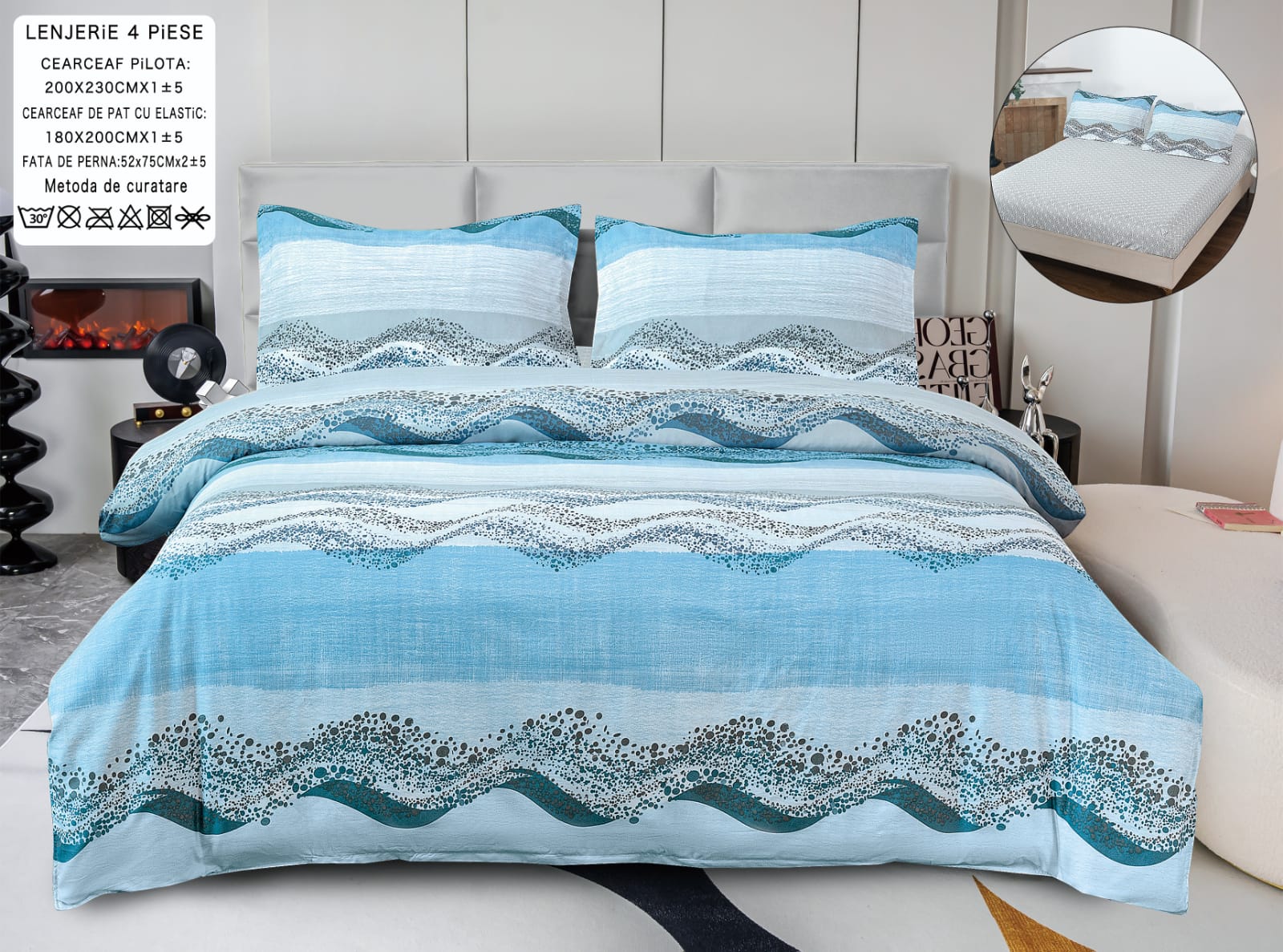 Lenjerie Pat Dublu, 4 Piese, Bumbac Satinat, Valuri, Bleu-Albastru, PT24001