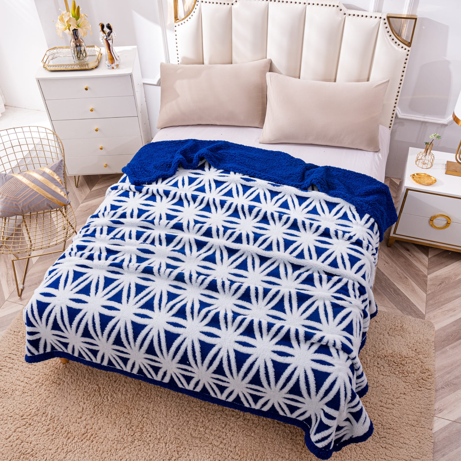 Patura Cocolino Cu Blanita, 200×230 cm, Modern, Bleumarin-Alb, PT24015