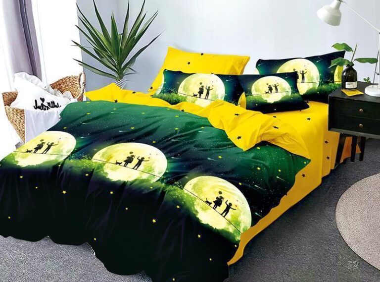 Lenjerie pat dublu, 6 Piese, Bumbac Finet, Oameni si Luna, Verde/Galben, ST8653