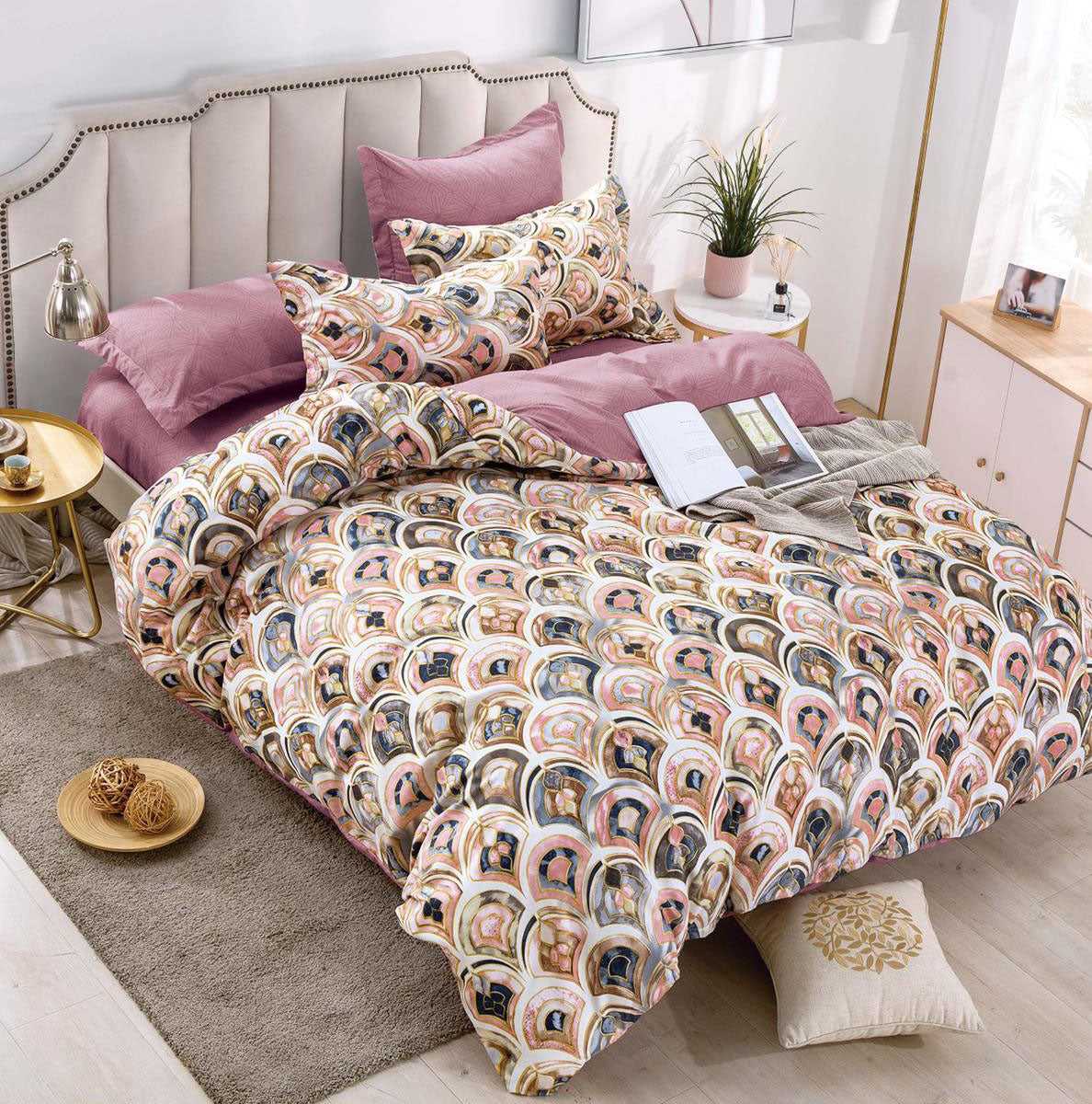Lenjerie pat dublu, 6 Piese, Bumbac Finet, Elegant, Multicolor, J9754