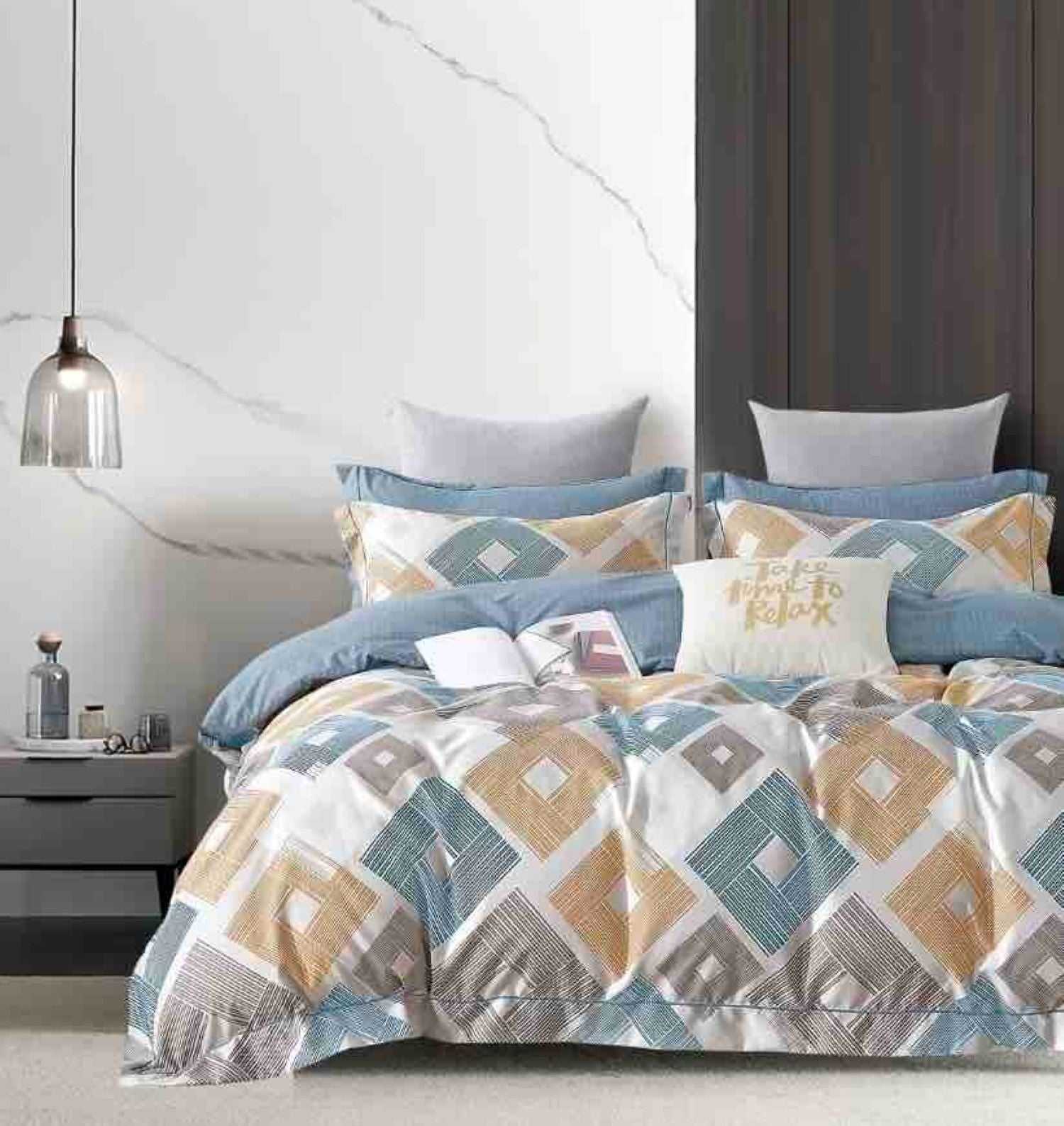 Lenjerie pat single 1 Persoana, 4 PIESE, Bumbac Finet, Romburi, Multicolor, J23720