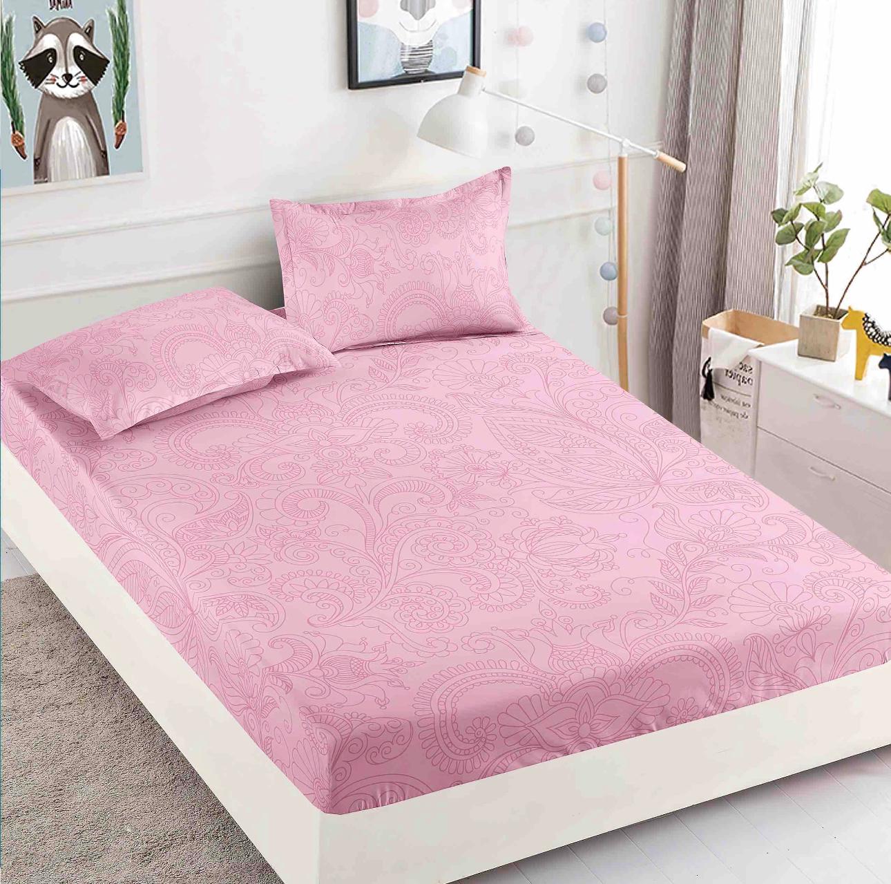 Husa Pat dublu cu elastic, Bumbac FINET, 180 x 200 cm, Model Floral, Roz, J23341