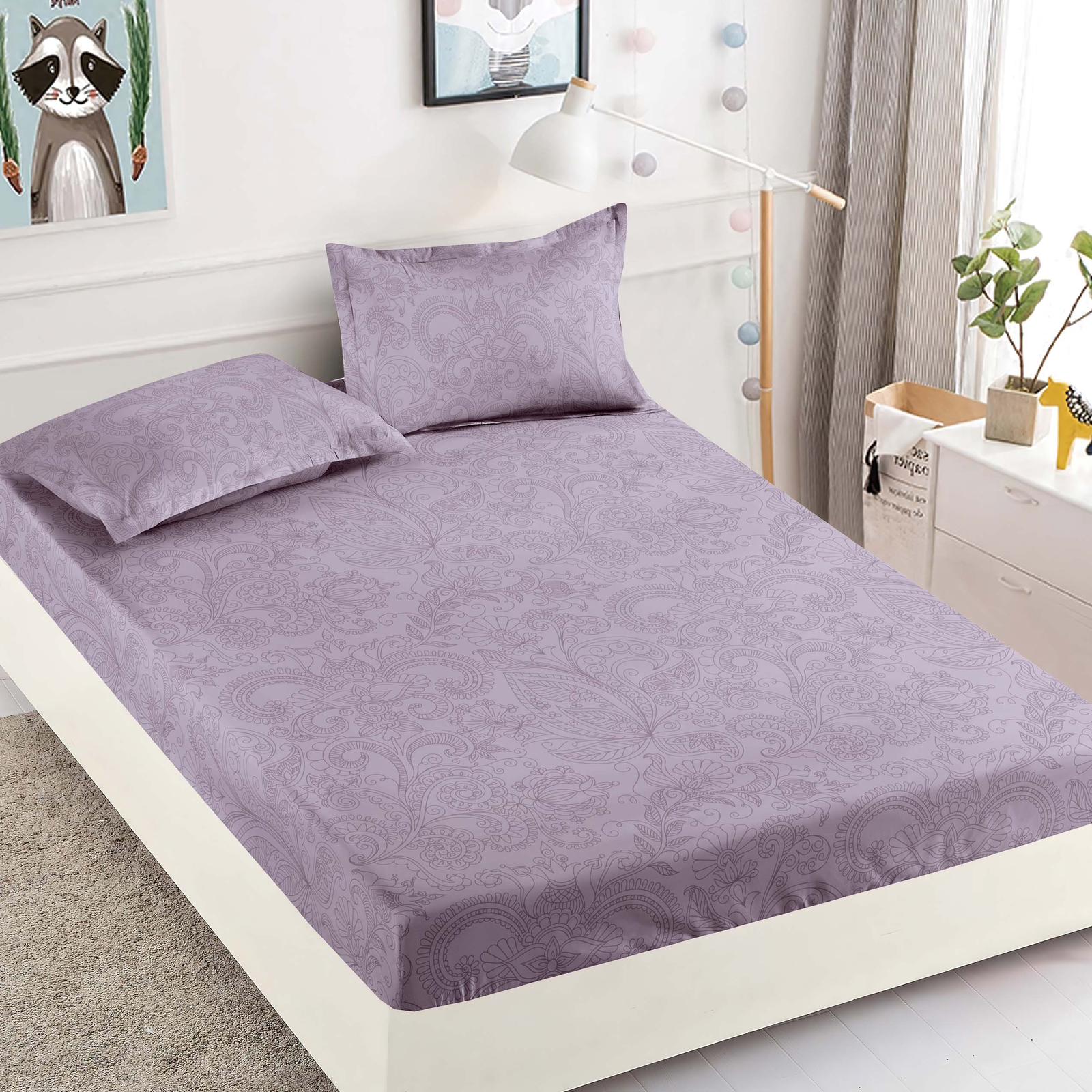 Husa Pat dublu cu elastic, Bumbac FINET, 180 x 200 cm, Model Floral, Mov, J23339