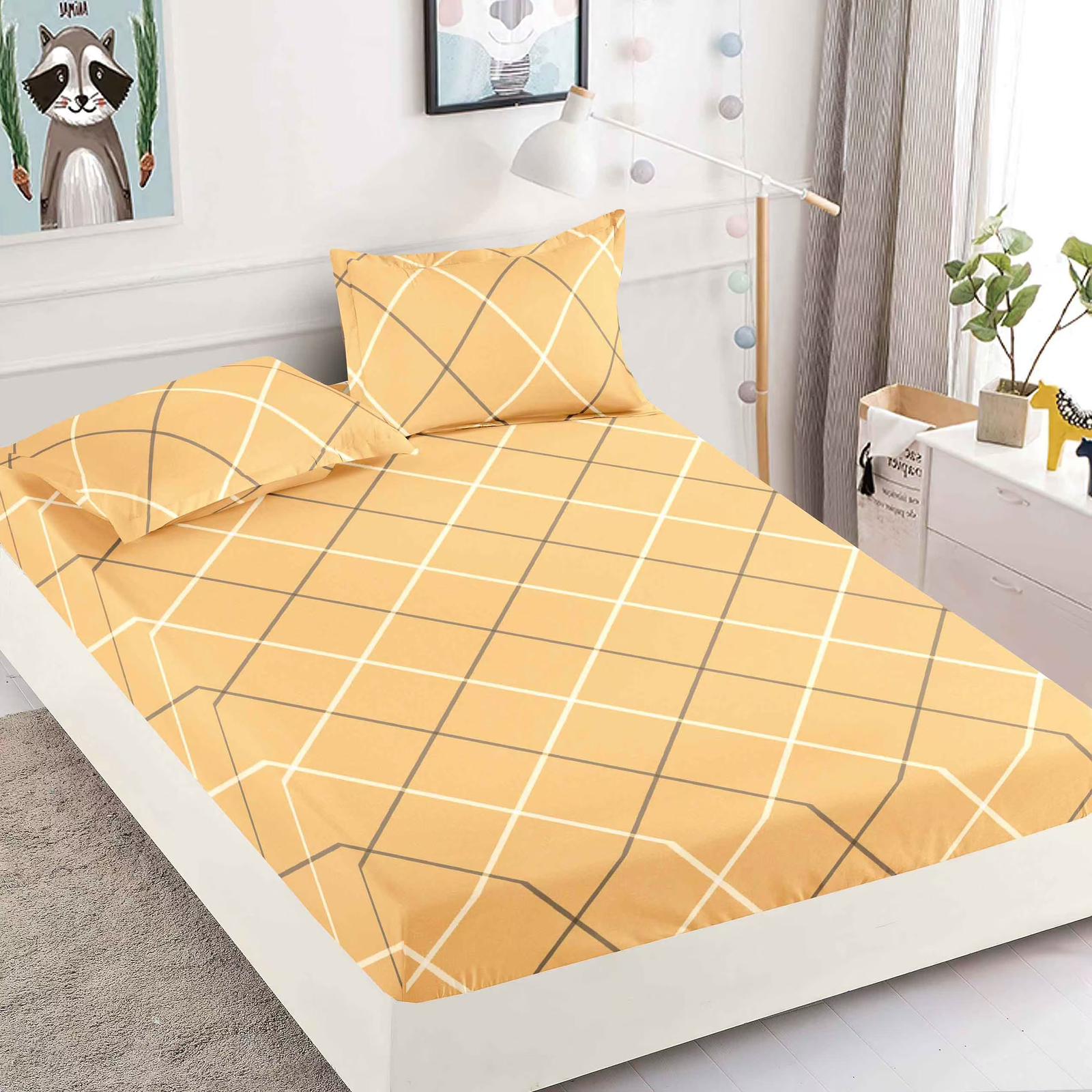 Husa Pat dublu cu elastic, Bumbac FINET, 180 x 200 cm, Linii, Galben, J23348