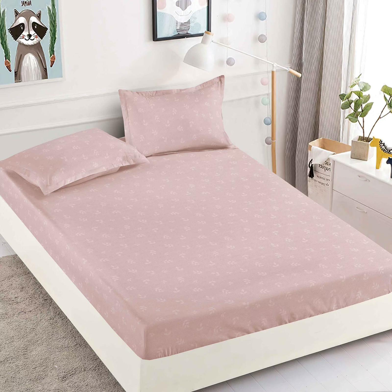 Husa Pat dublu cu elastic, Bumbac FINET, 180 x 200 cm, Model Frunze, Roz, J23349