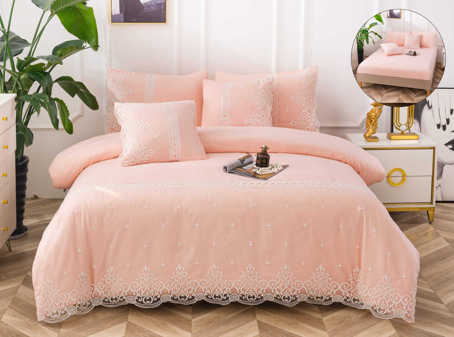 Lenjerie pat, Bumbac Fin, Broderie Si Dantela, 6 Piese, Elegant, Roz Pudra, P23697-Elastic