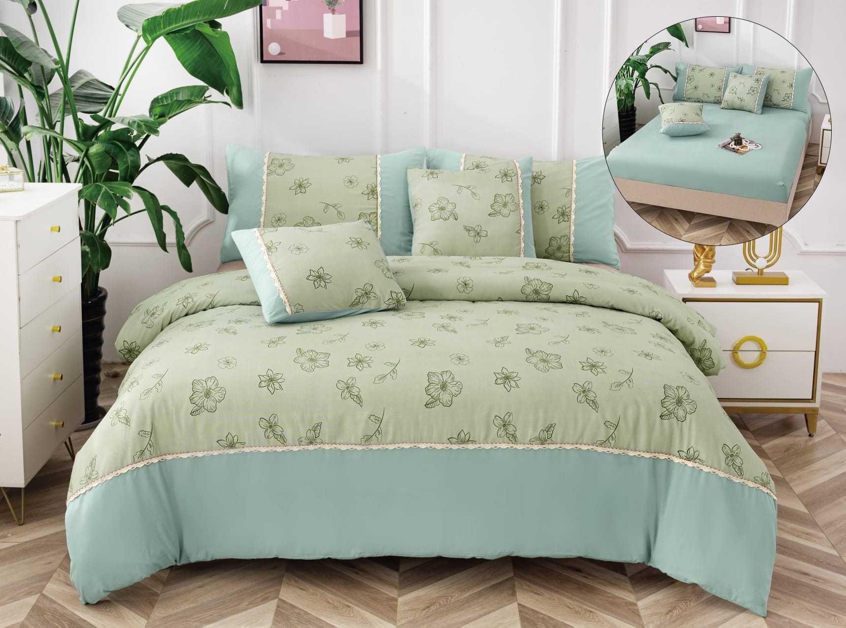 Lenjerie De Lux, Bumbac Finet, 6 Piese, Floricele, Verde, P23739-Elastic