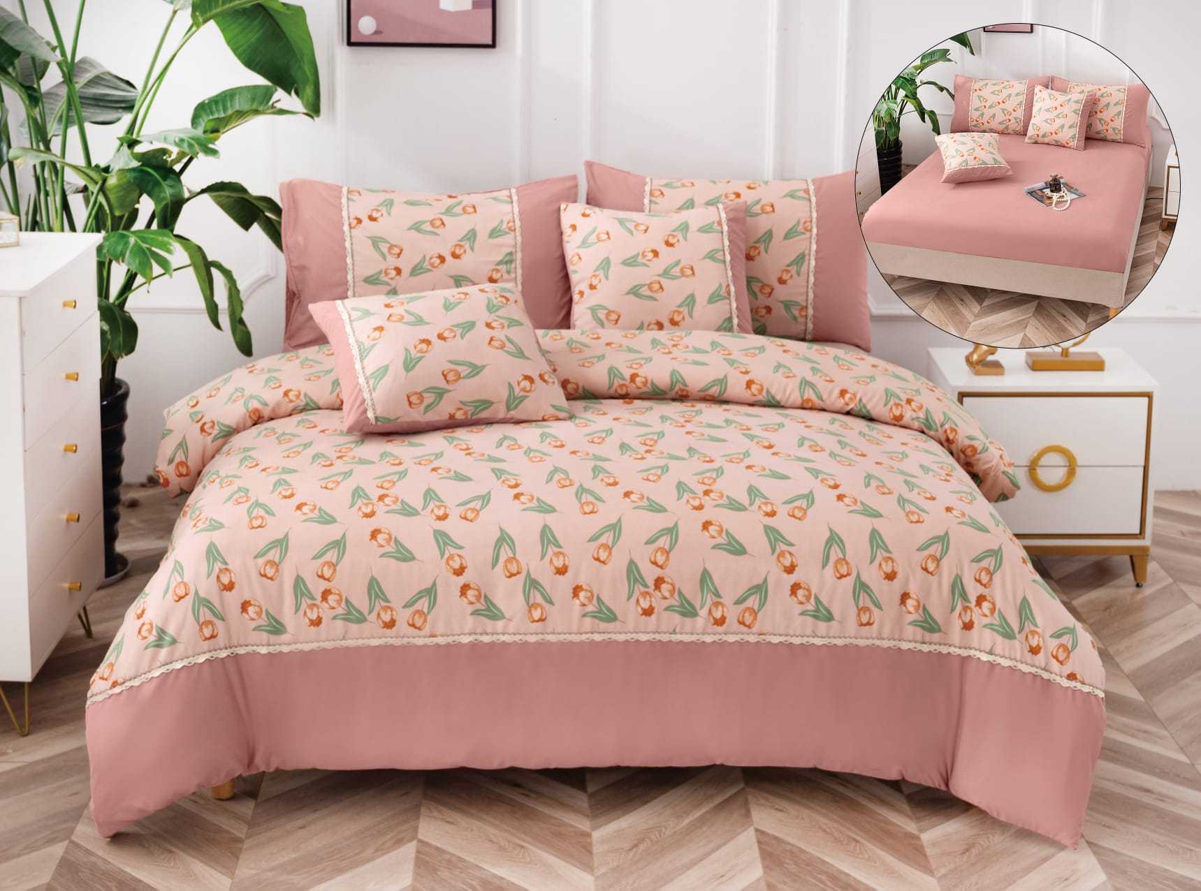 Lenjerie De Lux, Bumbac Finet, 6 Piese, Lalele, Roz, P23737-Elastic