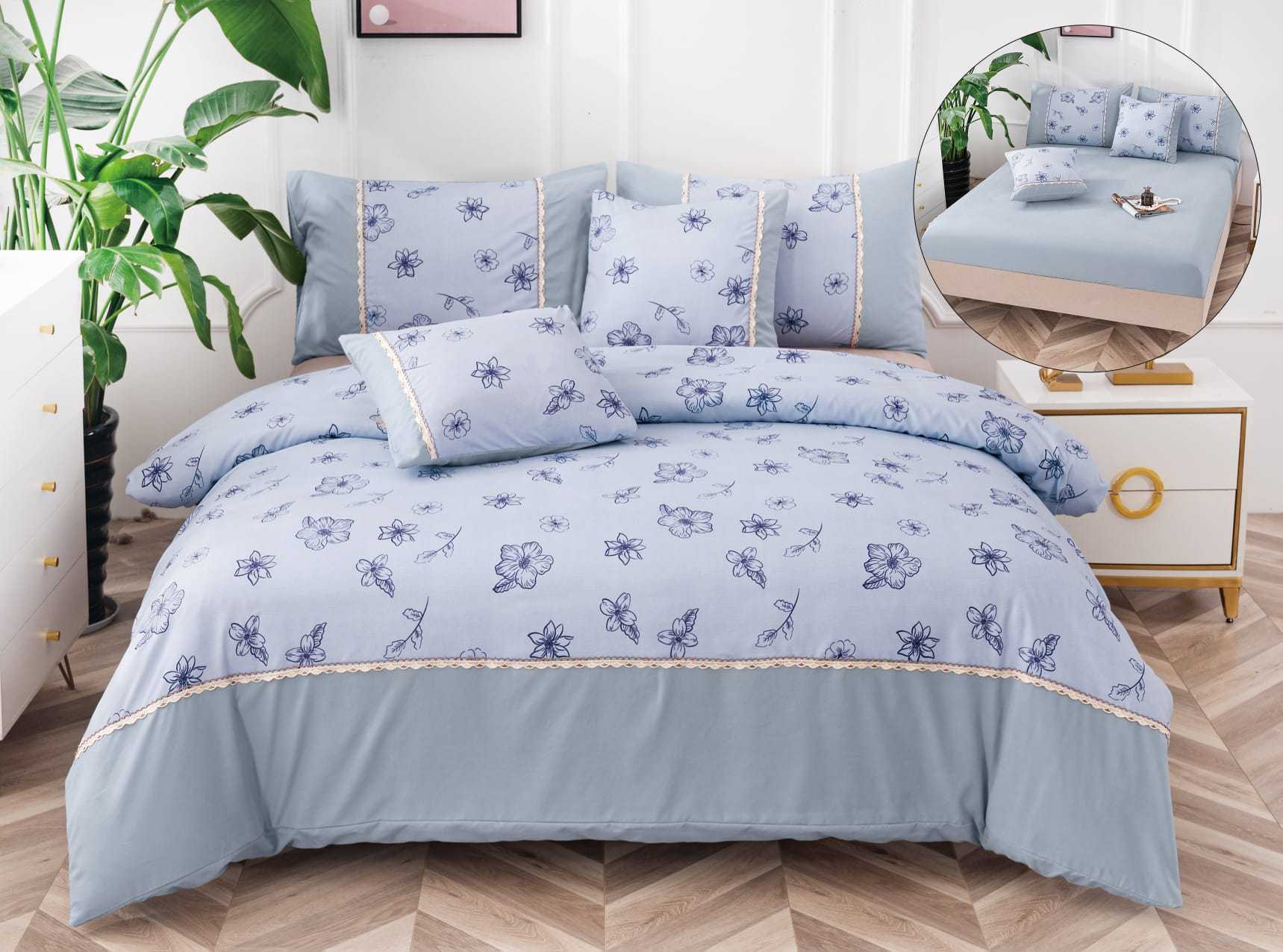 Lenjerie De Lux, Bumbac Finet, 6 Piese, Floricele, Bleu, P23743-Elastic