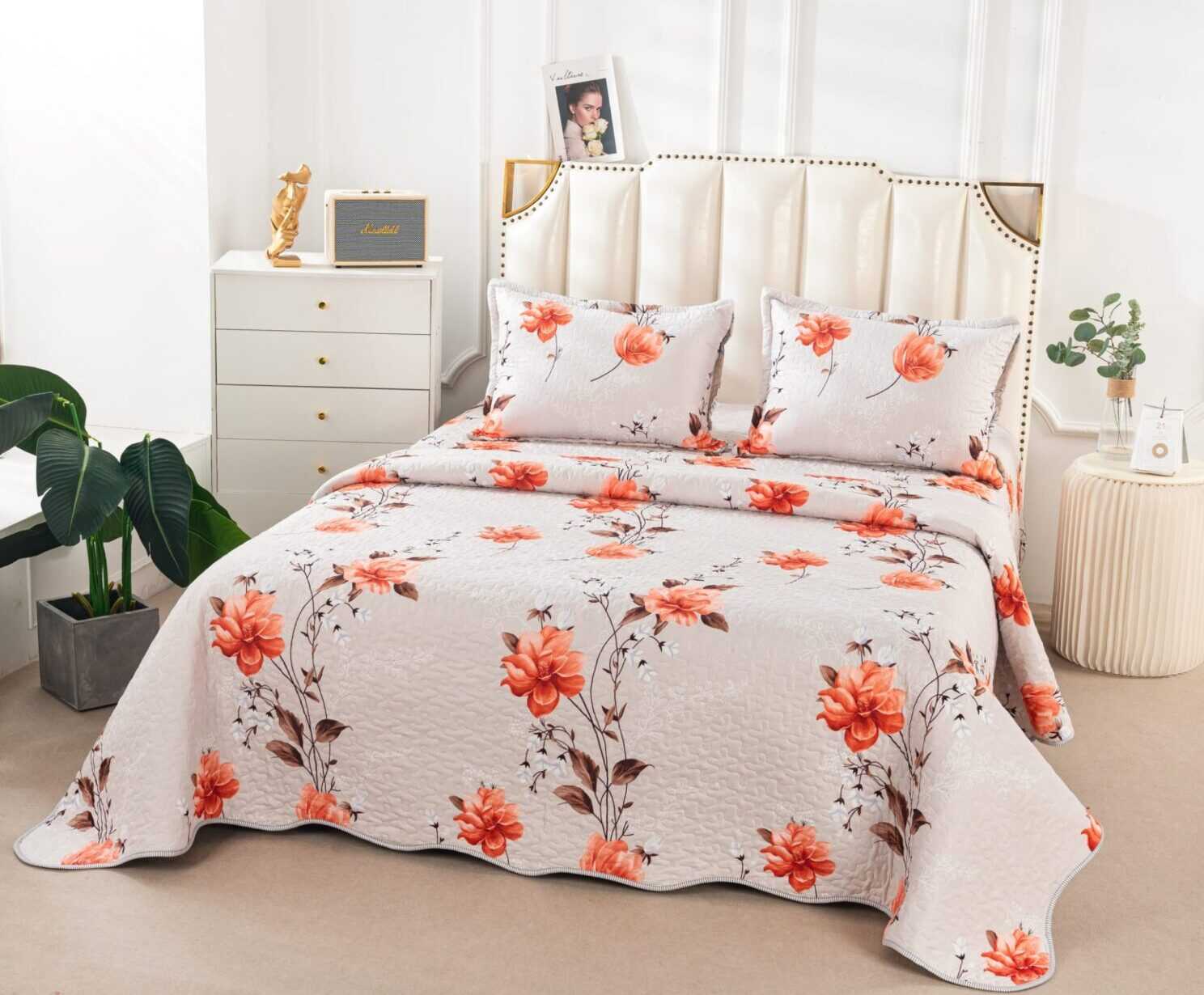 Cuvertura Pentru Pat Dublu, 3 Piese, Floricele, Crem/Portocaliu, P23734