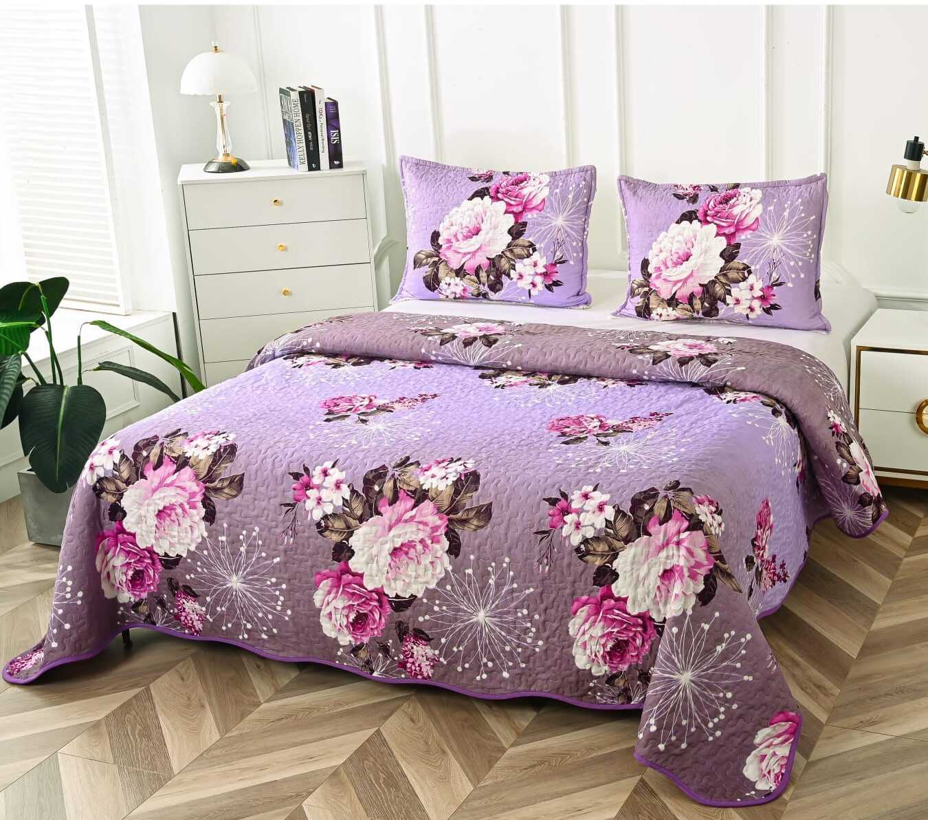 Cuvertura Pentru Pat Dublu, 3 Piese, Floricele, Mov, P23735