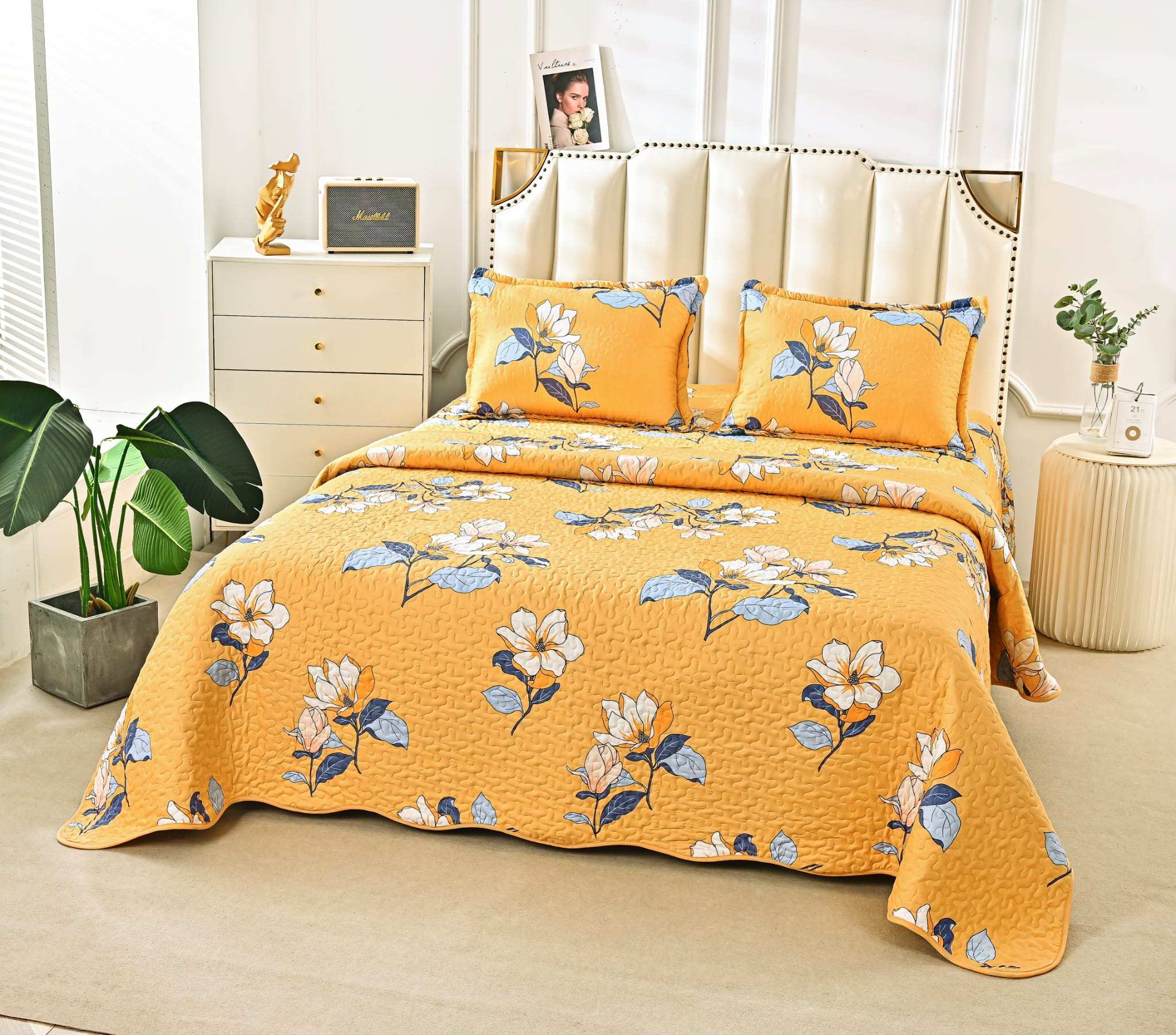 Cuvertura Pentru Pat Dublu, 3 Piese, Floricele, Galben, P23791