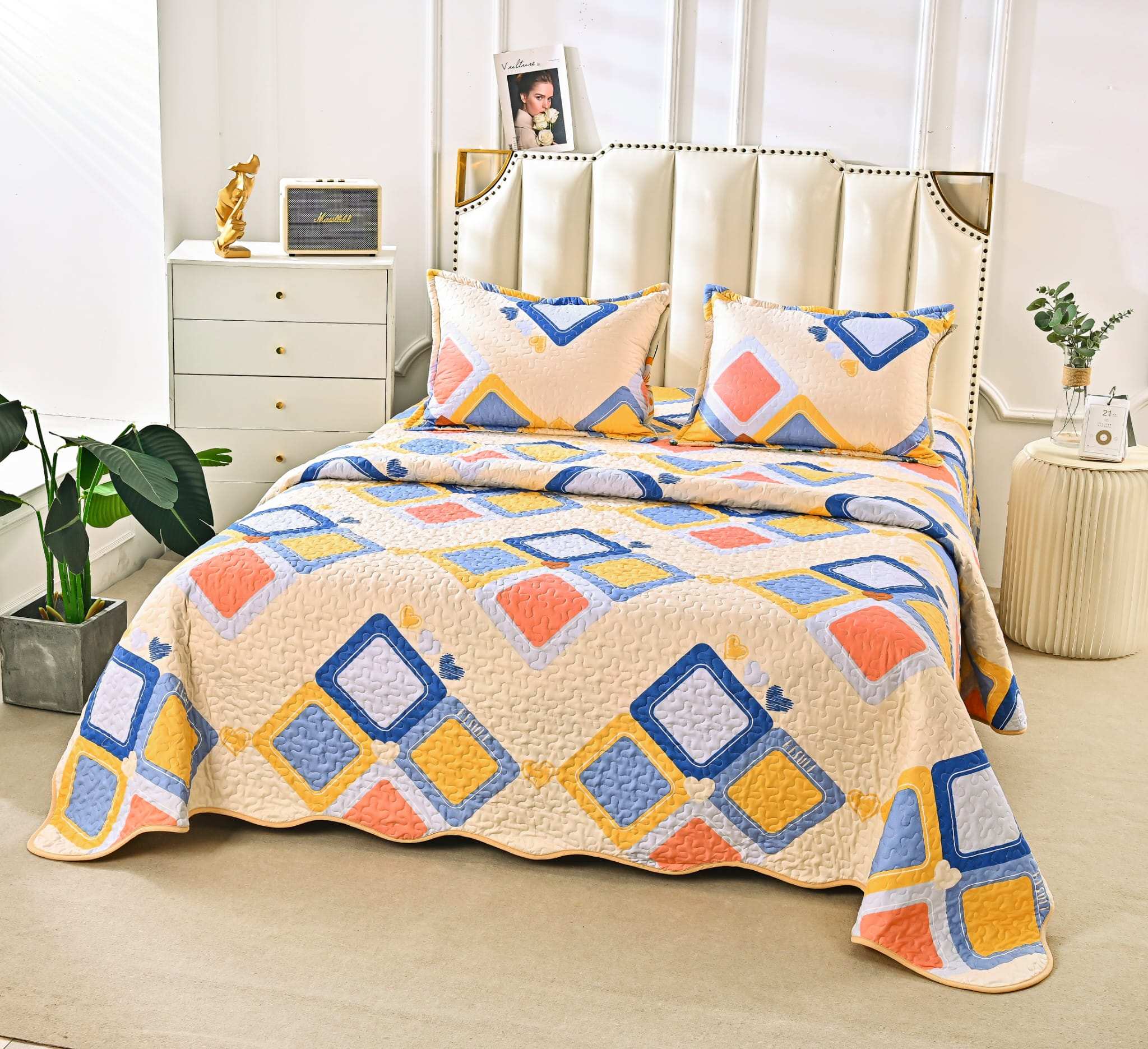Cuvertura Pentru Pat Dublu, 3 Piese, Romburi, Multicolor, P23794
