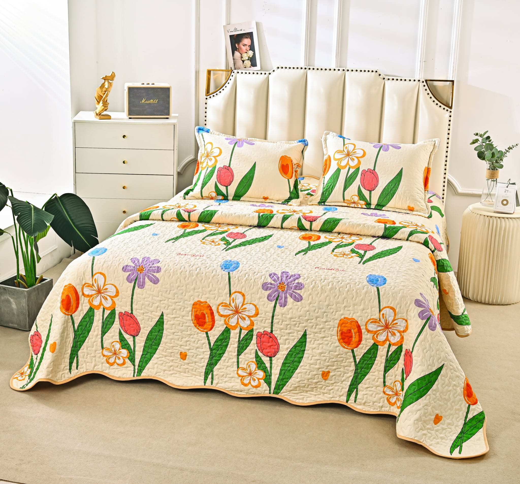 Cuvertura Pentru Pat Dublu, 3 Piese, Floricele, Multicolor, P23795