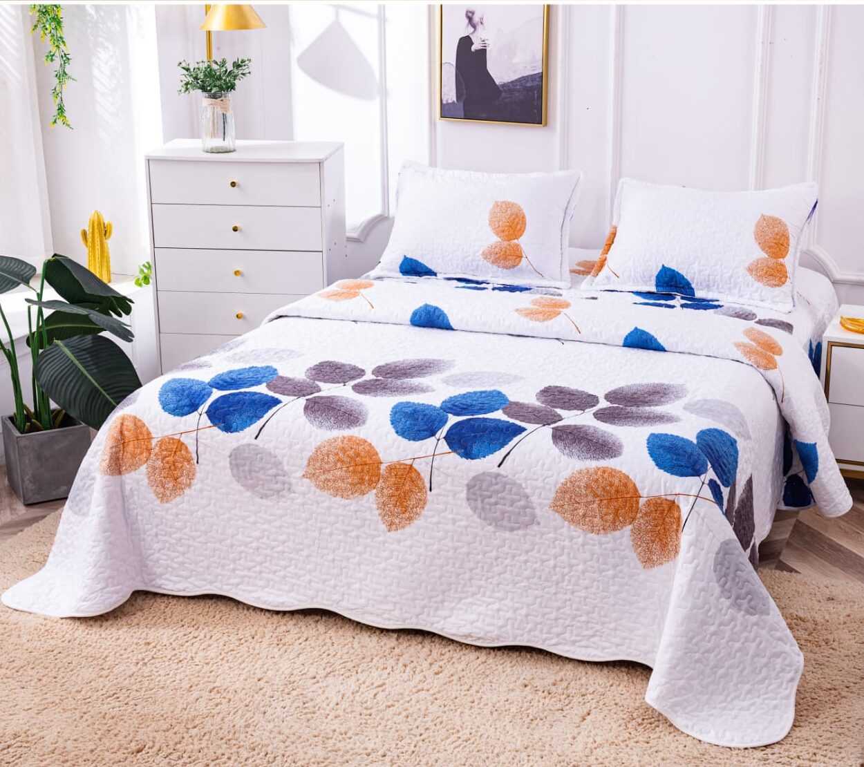 Cuvertura Pentru Pat Dublu, 3 Piese, Frunze, Multicolor, P23799