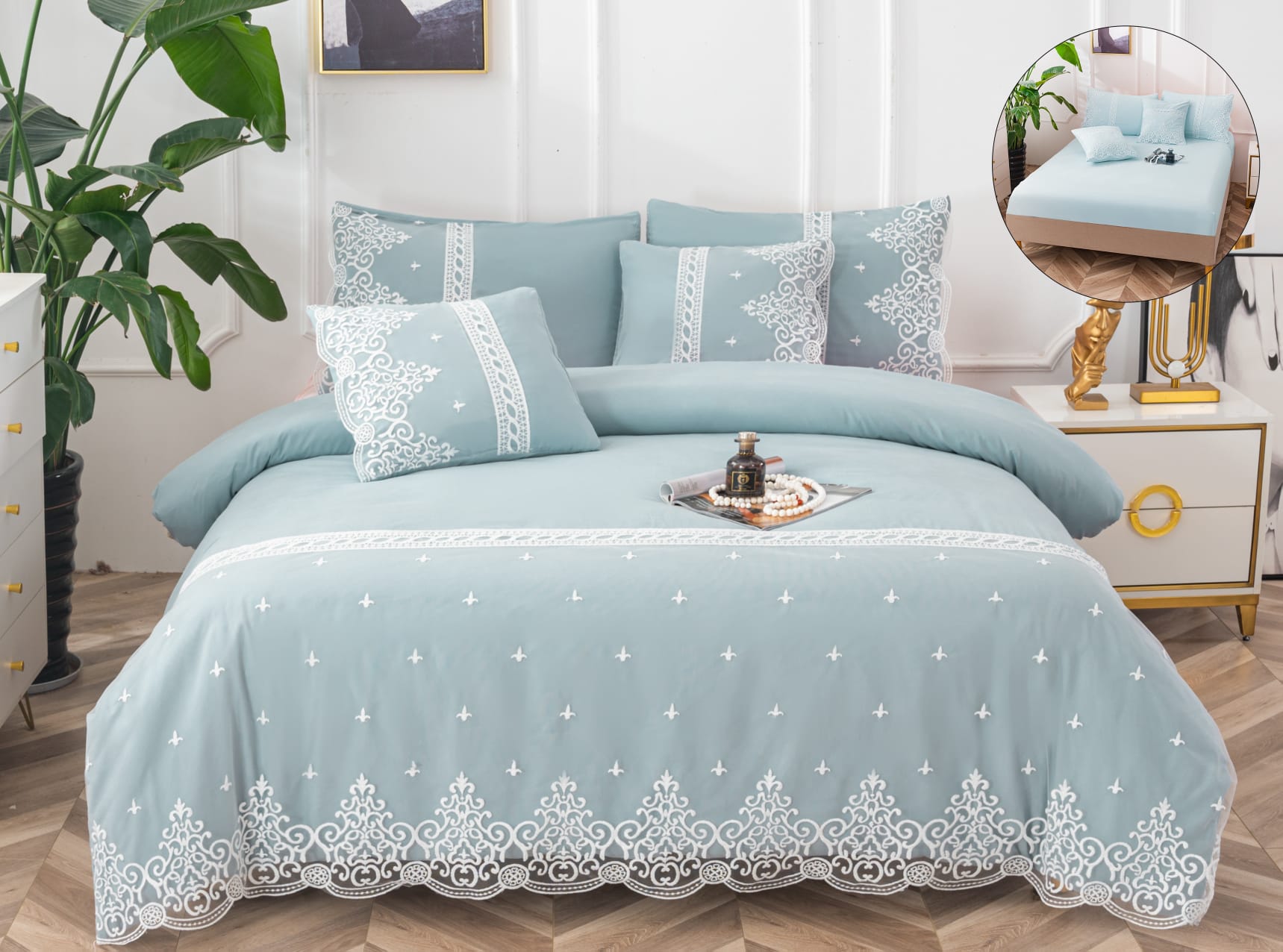 Lenjerie pat, Bumbac Fin, Broderie Si Dantela, 6 Piese, Elegant, Bleu, P23693-Elastic