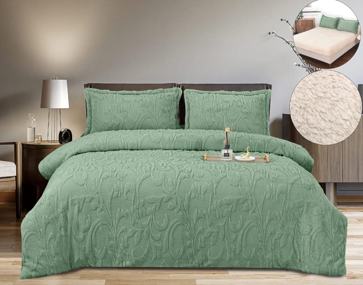 Lenjerie Pat Dublu, Blanita de iepure, 4 Piese, UNI, Grofat, Verde, P23702-Elastic