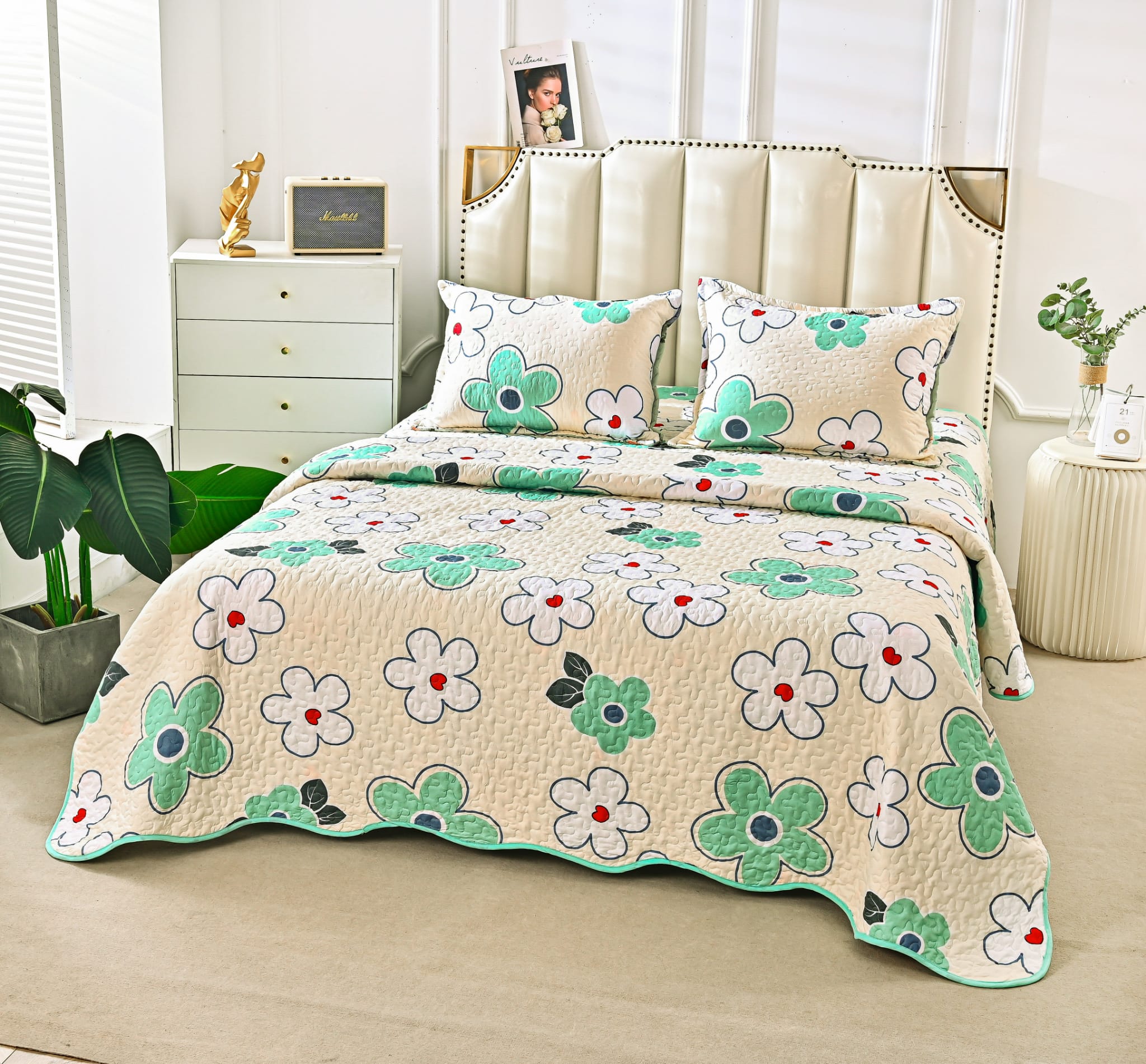 Cuvertura Pentru Pat Dublu, 3 Piese, Floricele, Multicolor, P23802