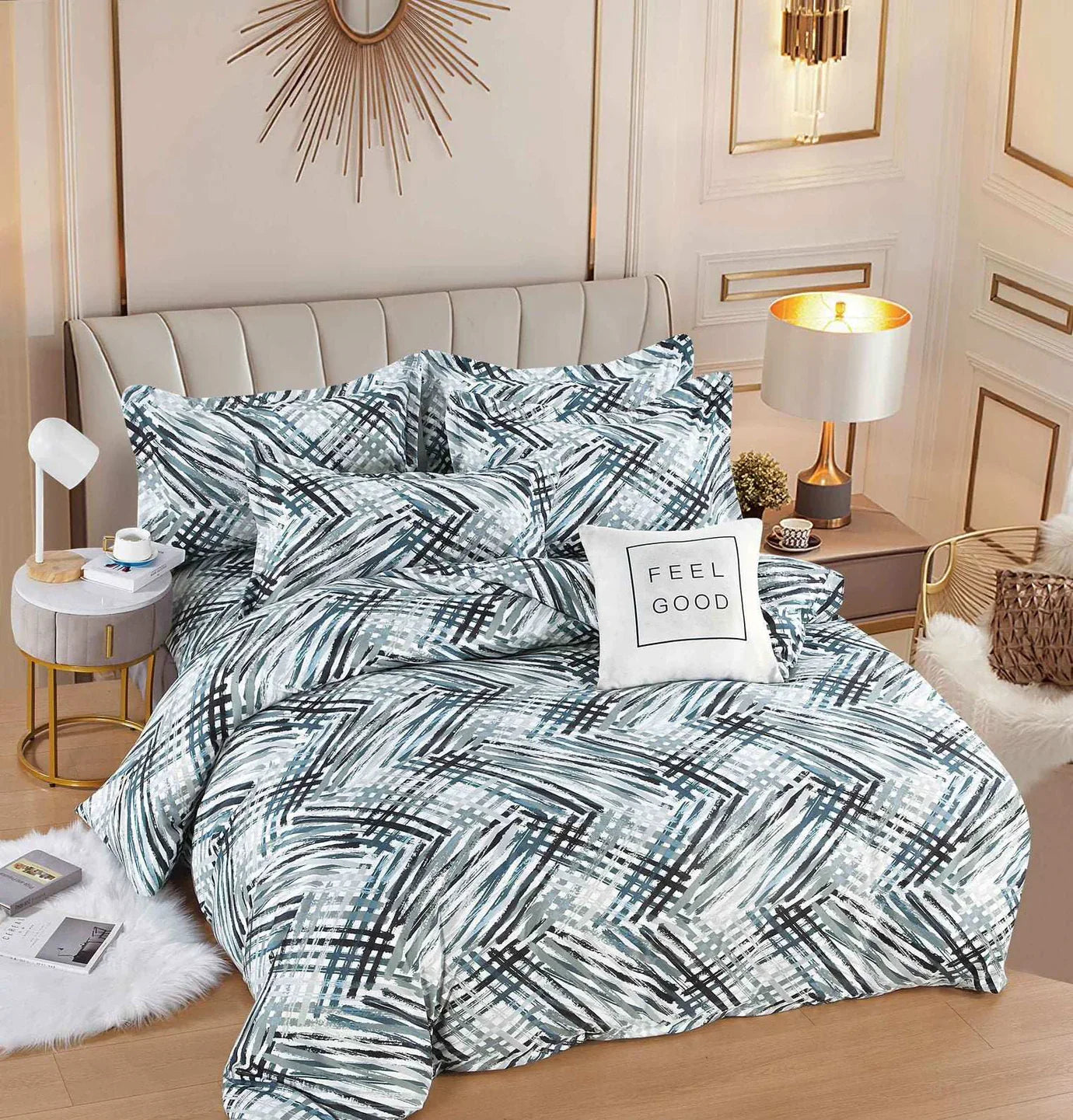 Pachet Promotional, Lenjerie pat dublu, 6 PIESE, Bumbac Finet, Linii, Multicolor, J1221