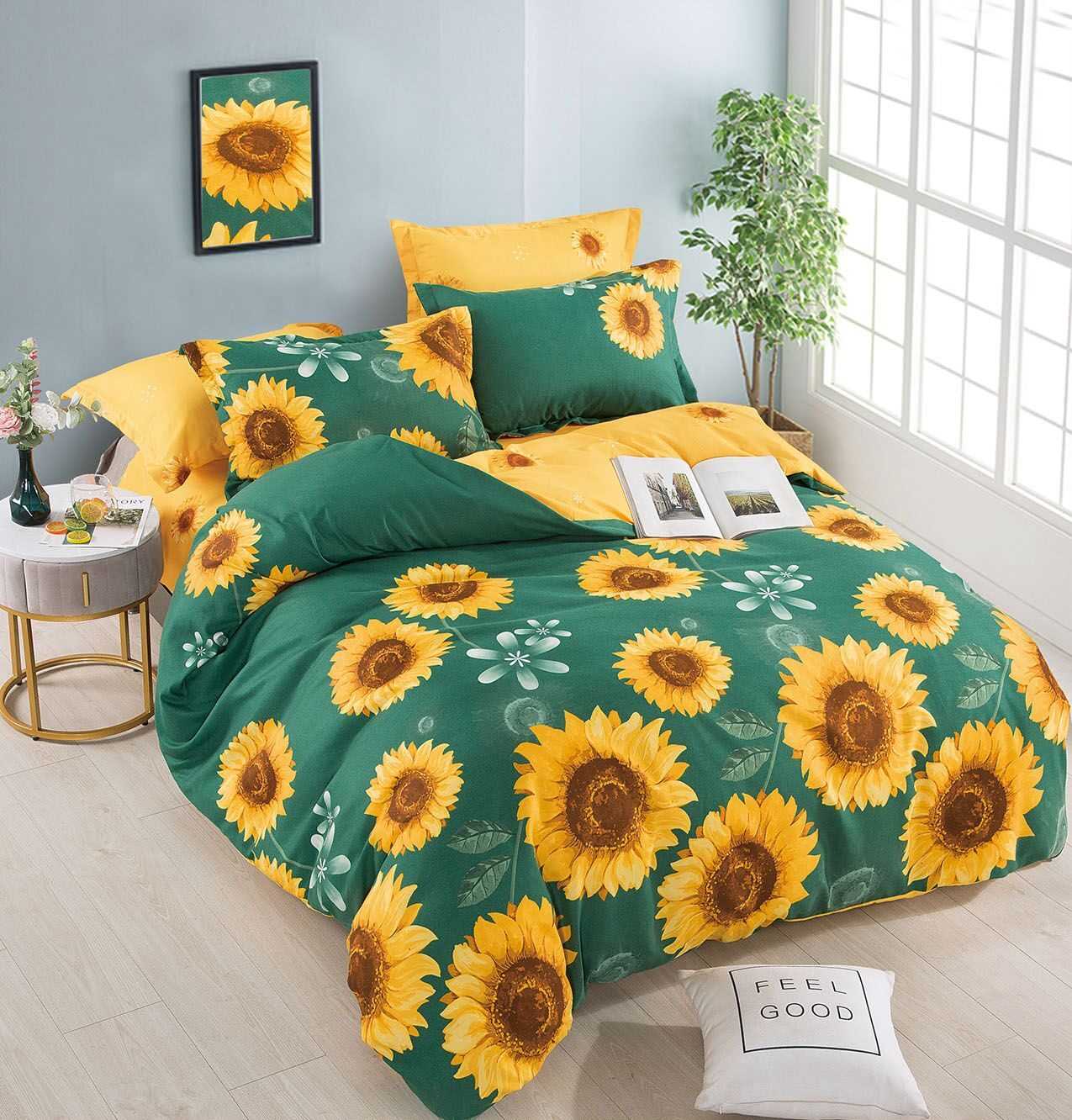Lenjerie Pat Dublu, 6 Piese, Bumbac Finet, Floarea Soarelui, Verde/Galben, J244041