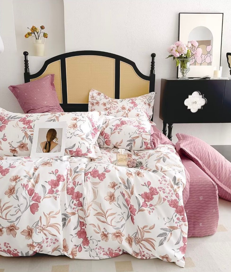 Lenjerie Pat Dublu, 6 Piese, Bumbac Finet, Floricele, Alb/Roz, J10032