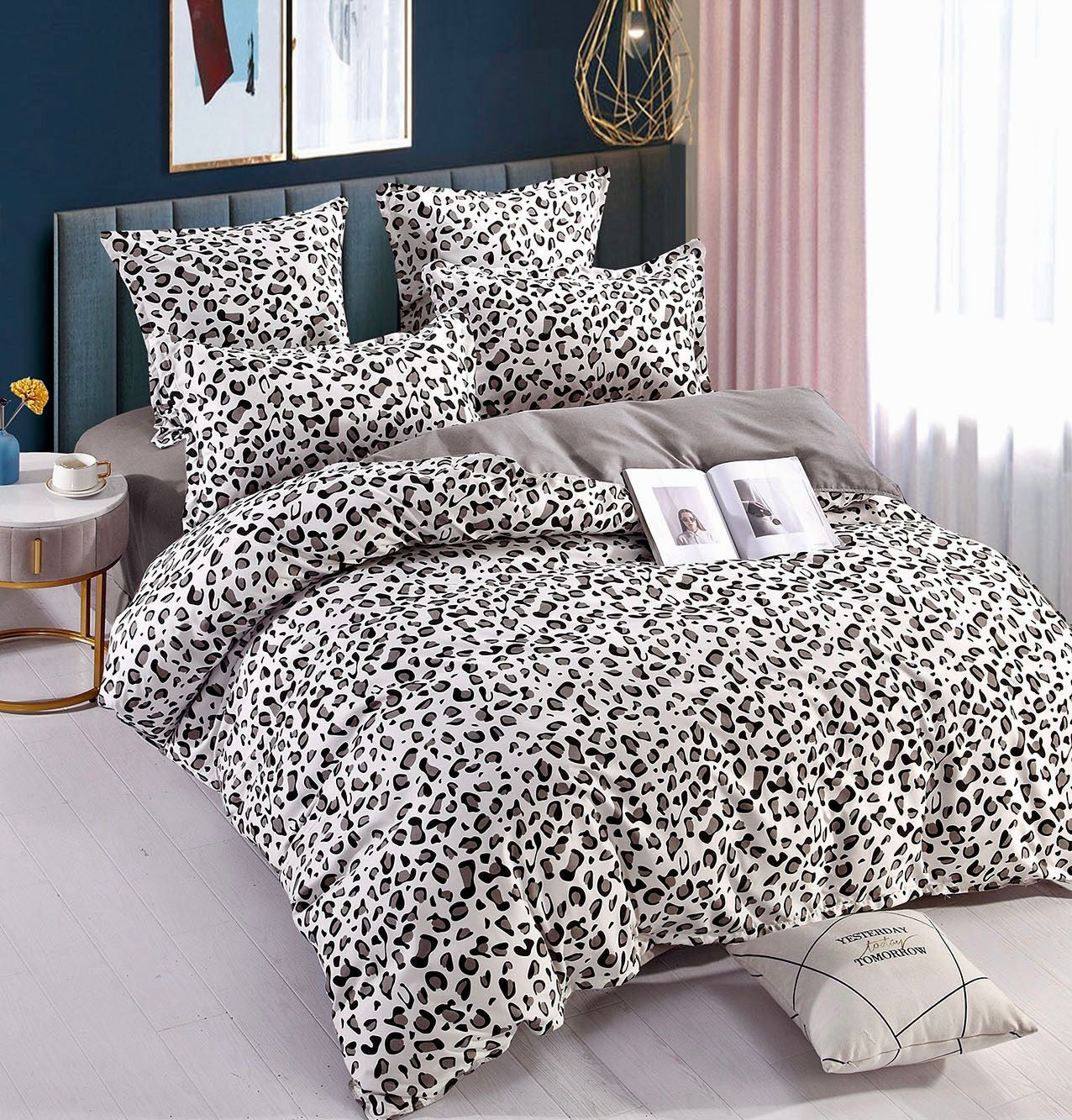 Lenjerie pat dublu cu Elastic, 6 PIESE, Bumbac Finet, Animal Print, Gri/Alb, J10024-ELASTIC