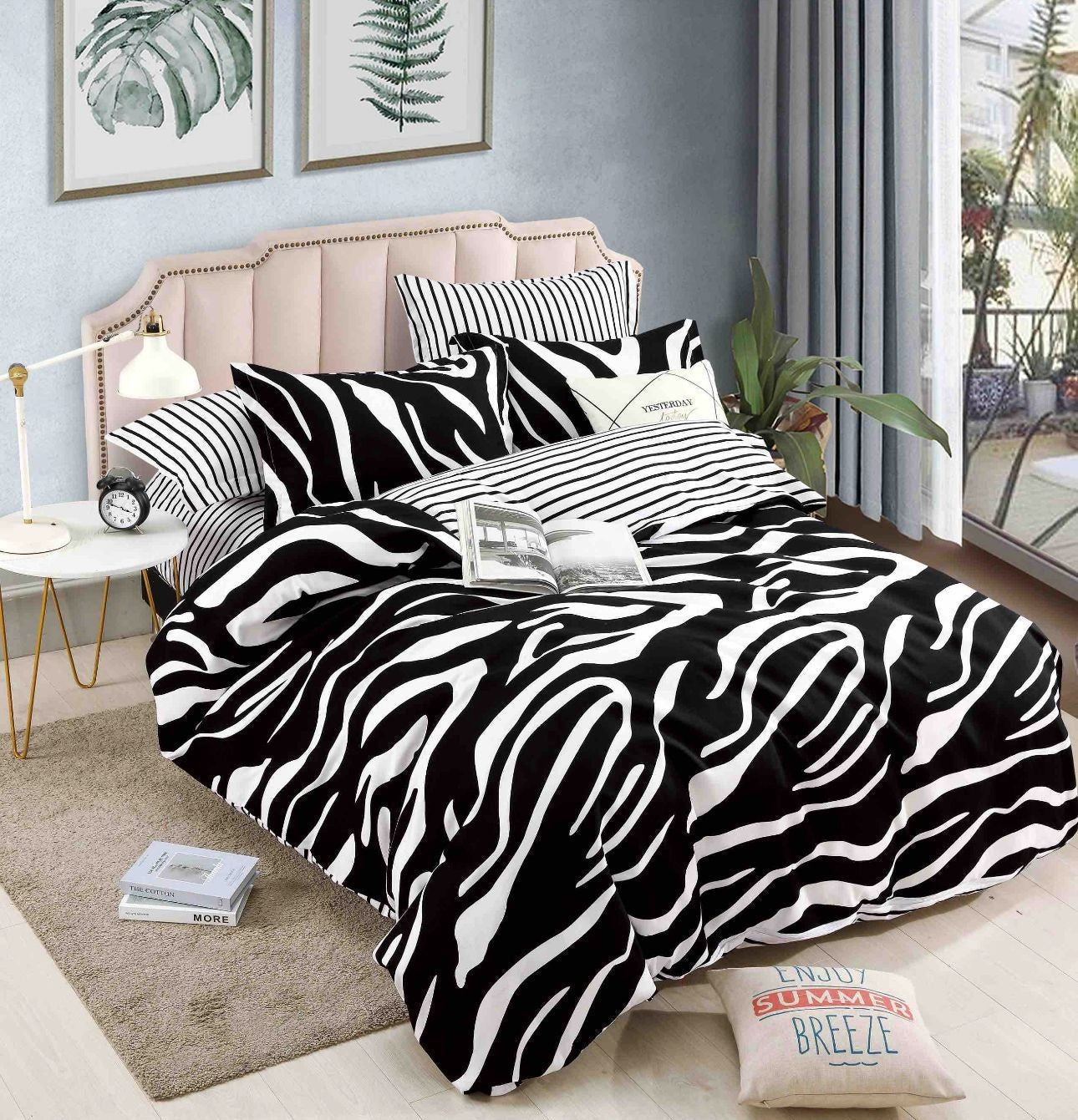 Lenjerie pat dublu cu Elastic, 6 PIESE, Bumbac Finet, Zebra, Alb/Negru, J10026-ELASTIC