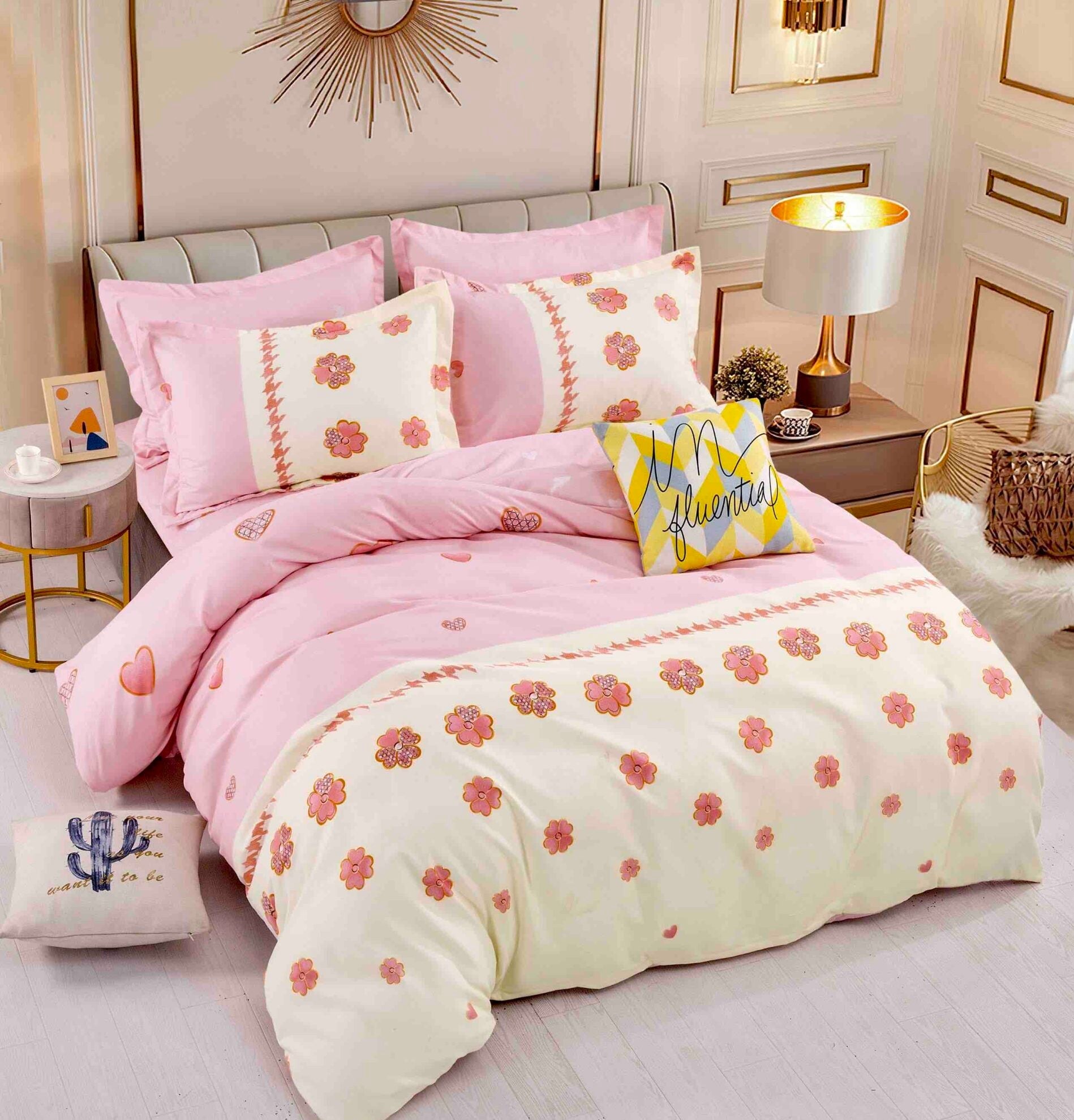 Lenjerie pat single 1 Persoana, 4 PIESE, Bumbac Finet, Floricele, Crem/Roz, J14222