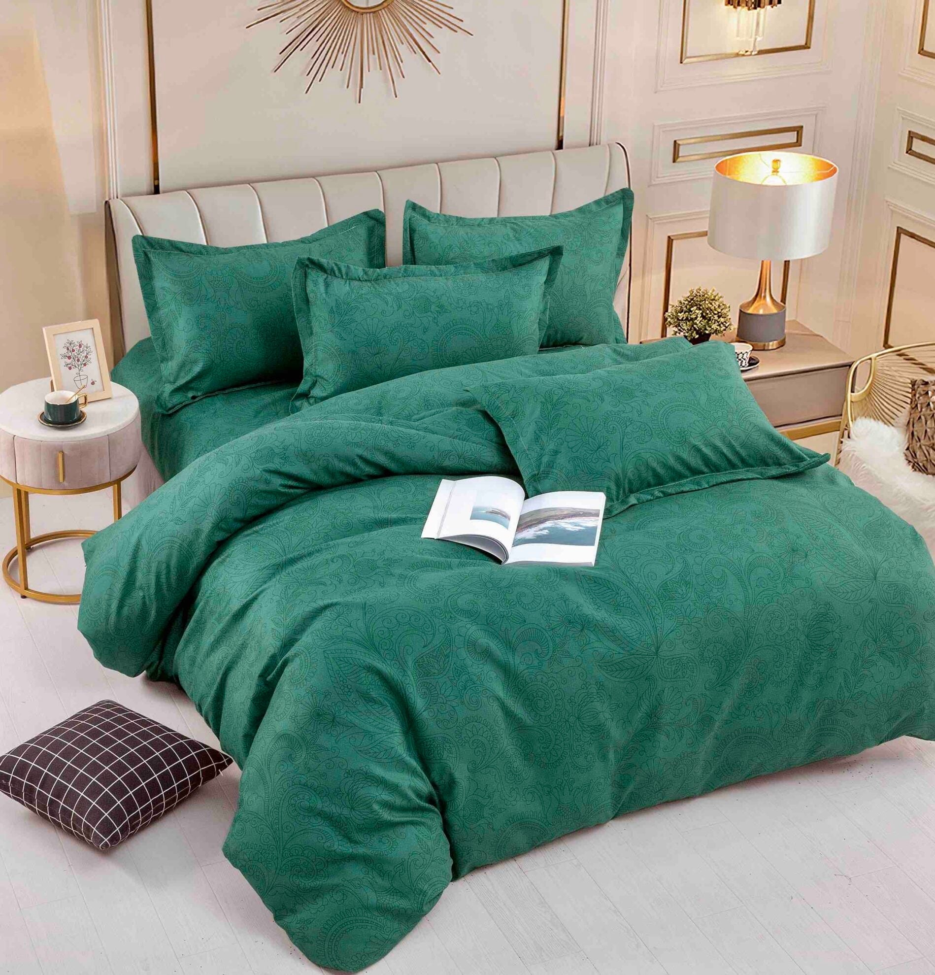Lenjerie pat single 1 Persoana, 4 PIESE, Bumbac Finet, Model Inflorat, Verde, J14226