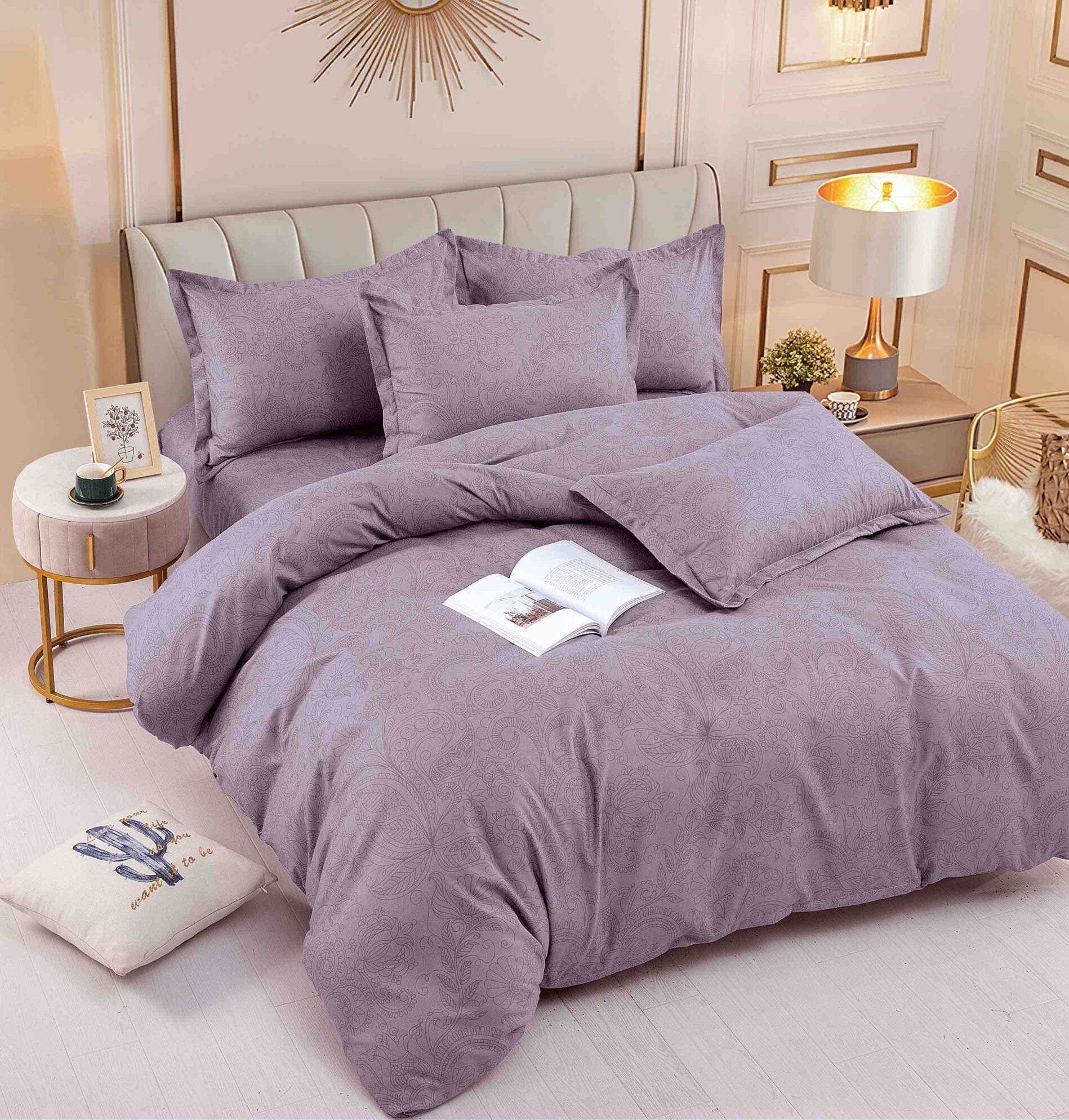 Lenjerie pat single 1 Persoana, 4 PIESE, Bumbac Finet, Model Inflorat, Lila, J14230