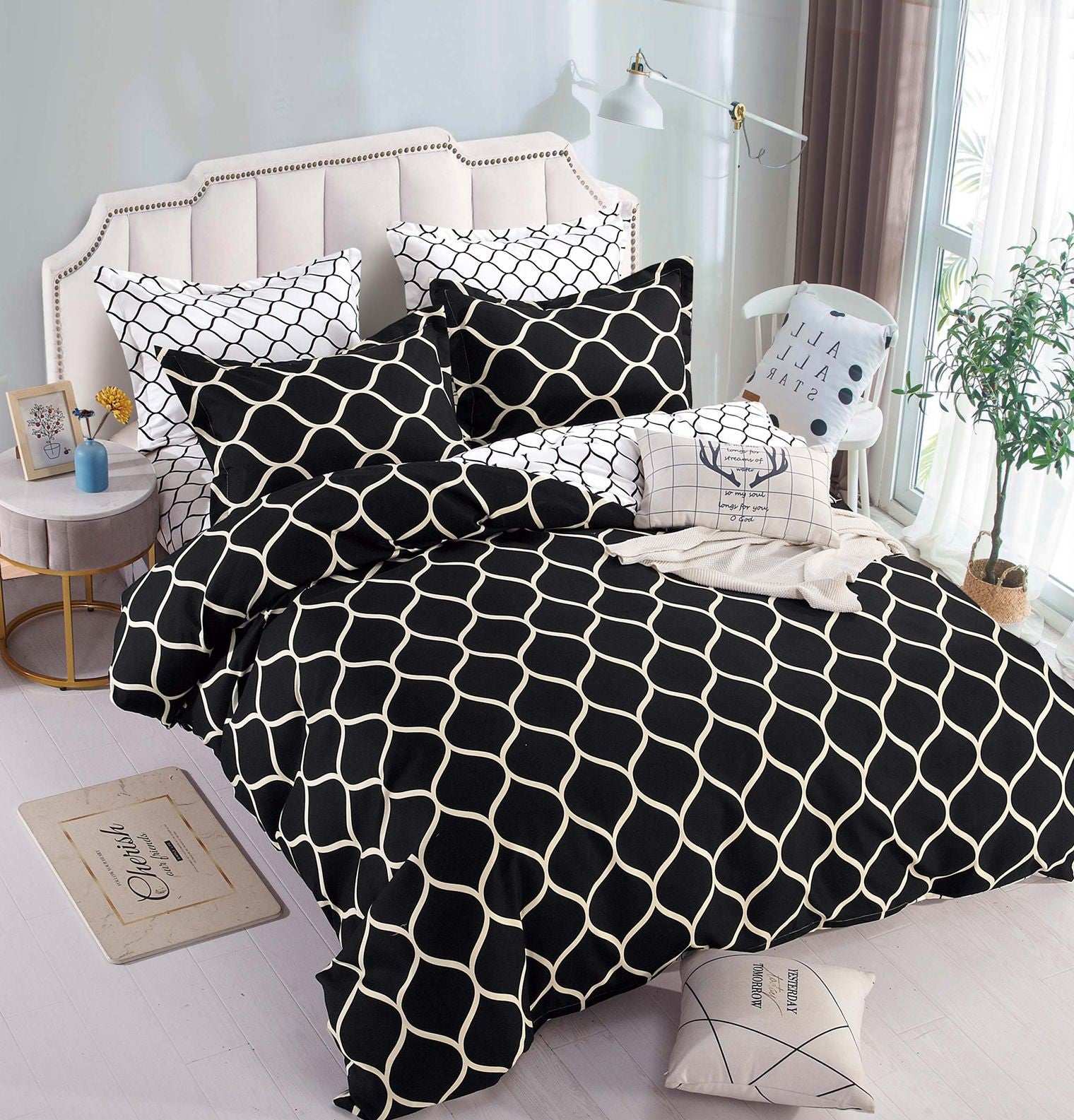 Lenjerie pat dublu 2 persoane, 6 Piese, Bumbac Finet, Alb/Negru, J11605