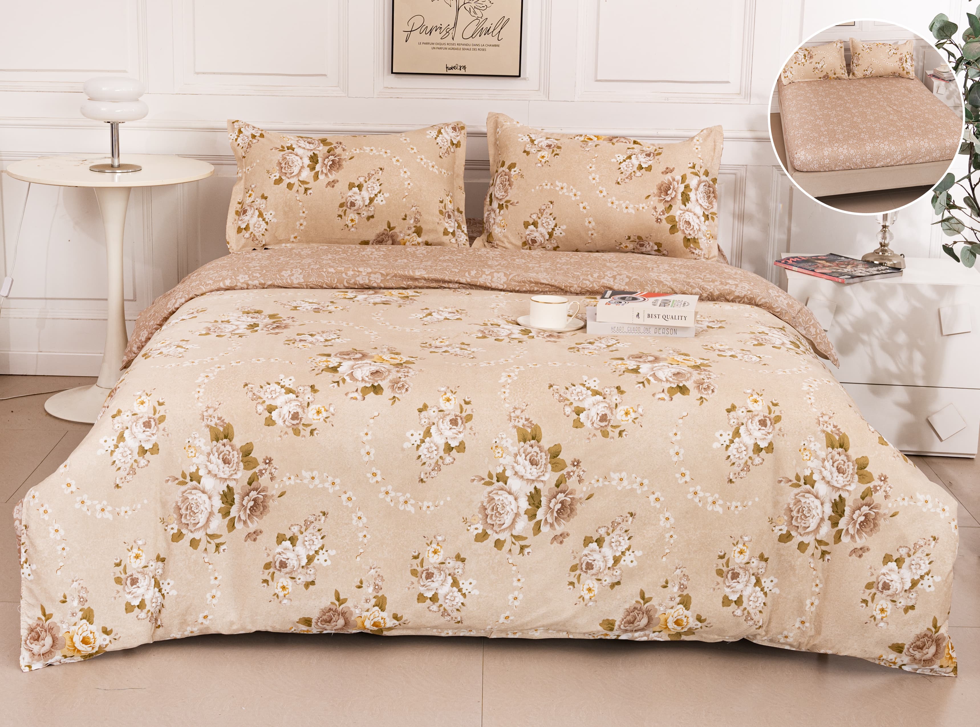 Pachet Promotional, Lenjerie Pat Dublu, 4 Piese, Bumbac Satinat, Floricele, Crem/Maro, PT1071-Elastic