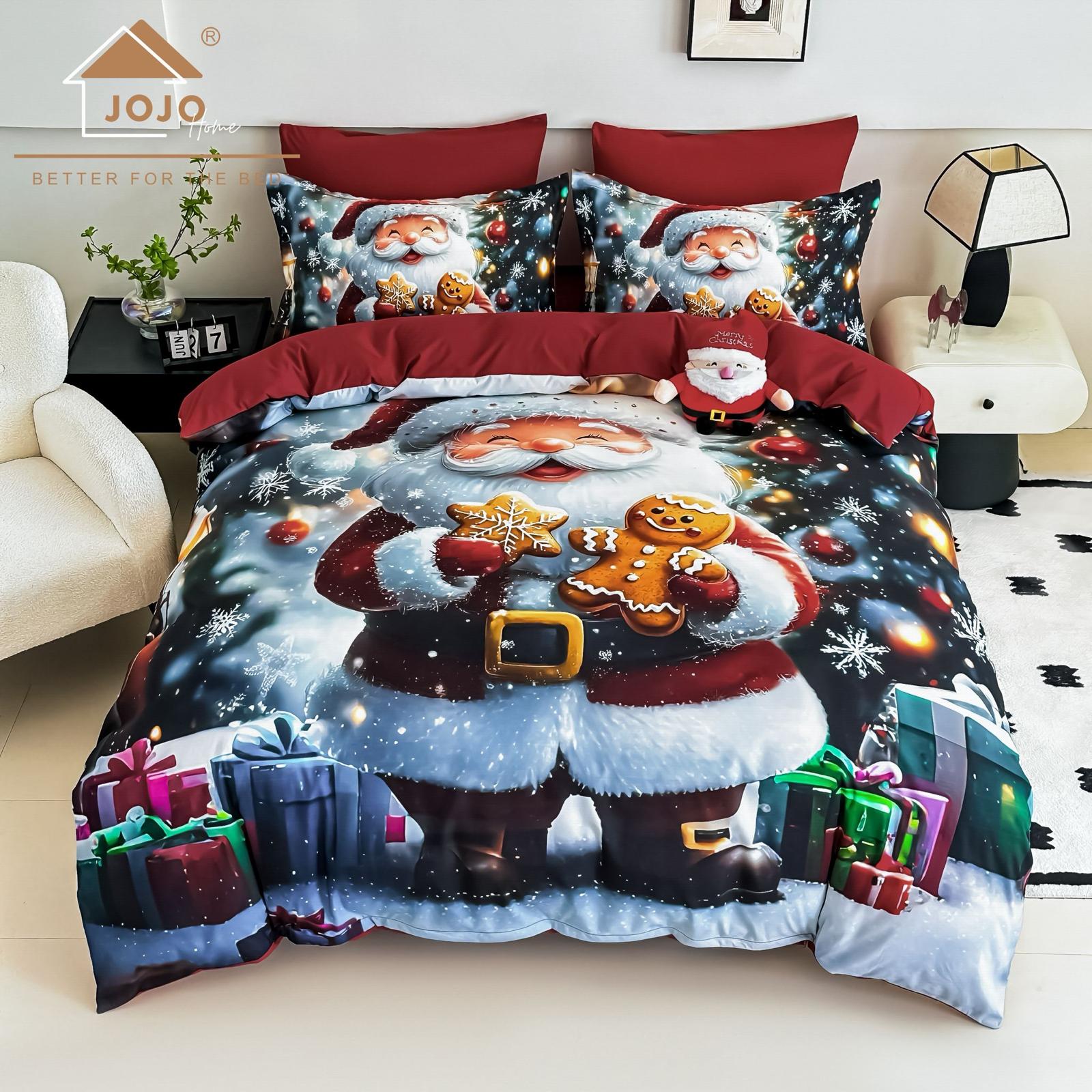 Lenjerie pat dublu, 6 PIESE, 5D, Bumbac Finet, Mos Craciun, Rosu, J1255