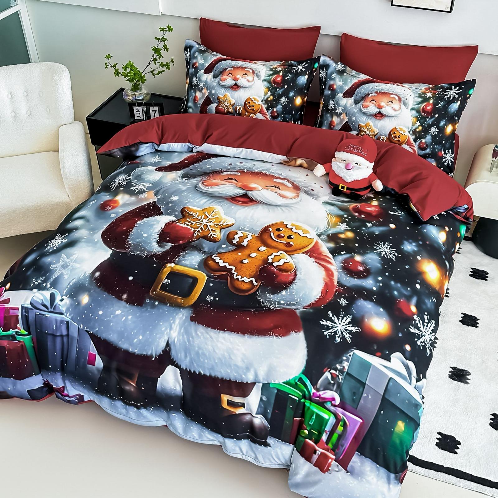 Lenjerie pat dublu, 6 PIESE, 5D, Bumbac Finet, Mos Craciun, Rosu, J1255