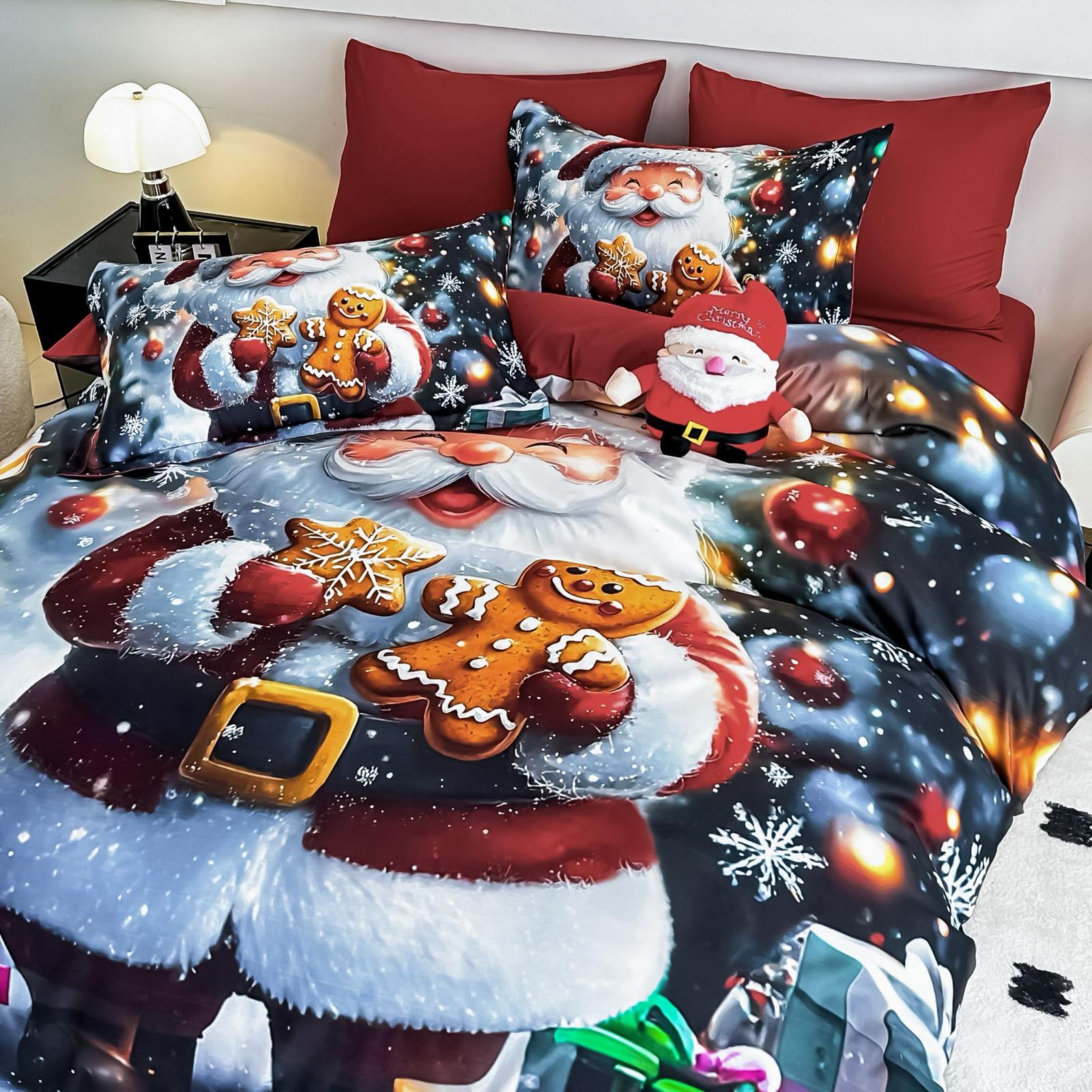 Lenjerie pat dublu, 6 PIESE, 5D, Bumbac Finet, Mos Craciun, Rosu, J1255