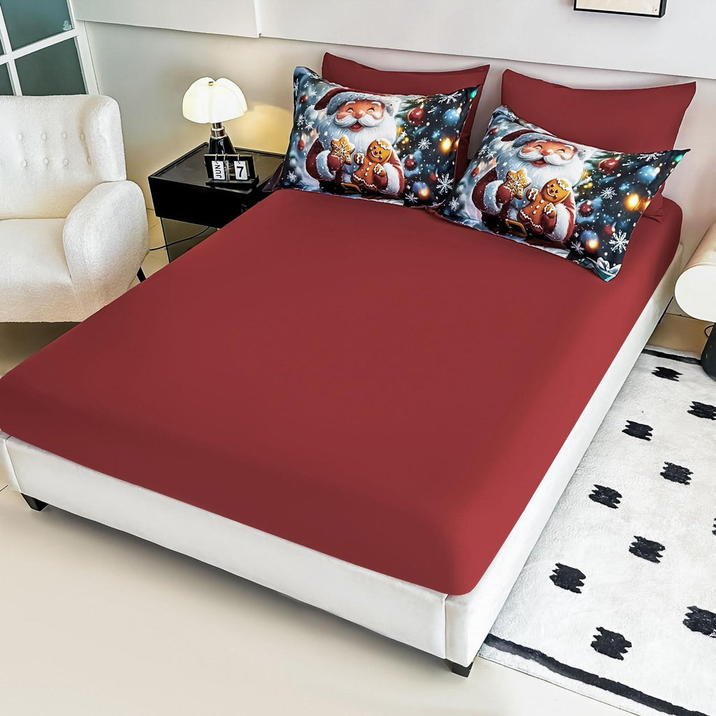 Lenjerie pat dublu, 6 PIESE, 5D, Bumbac Finet, Mos Craciun, Rosu, J1255